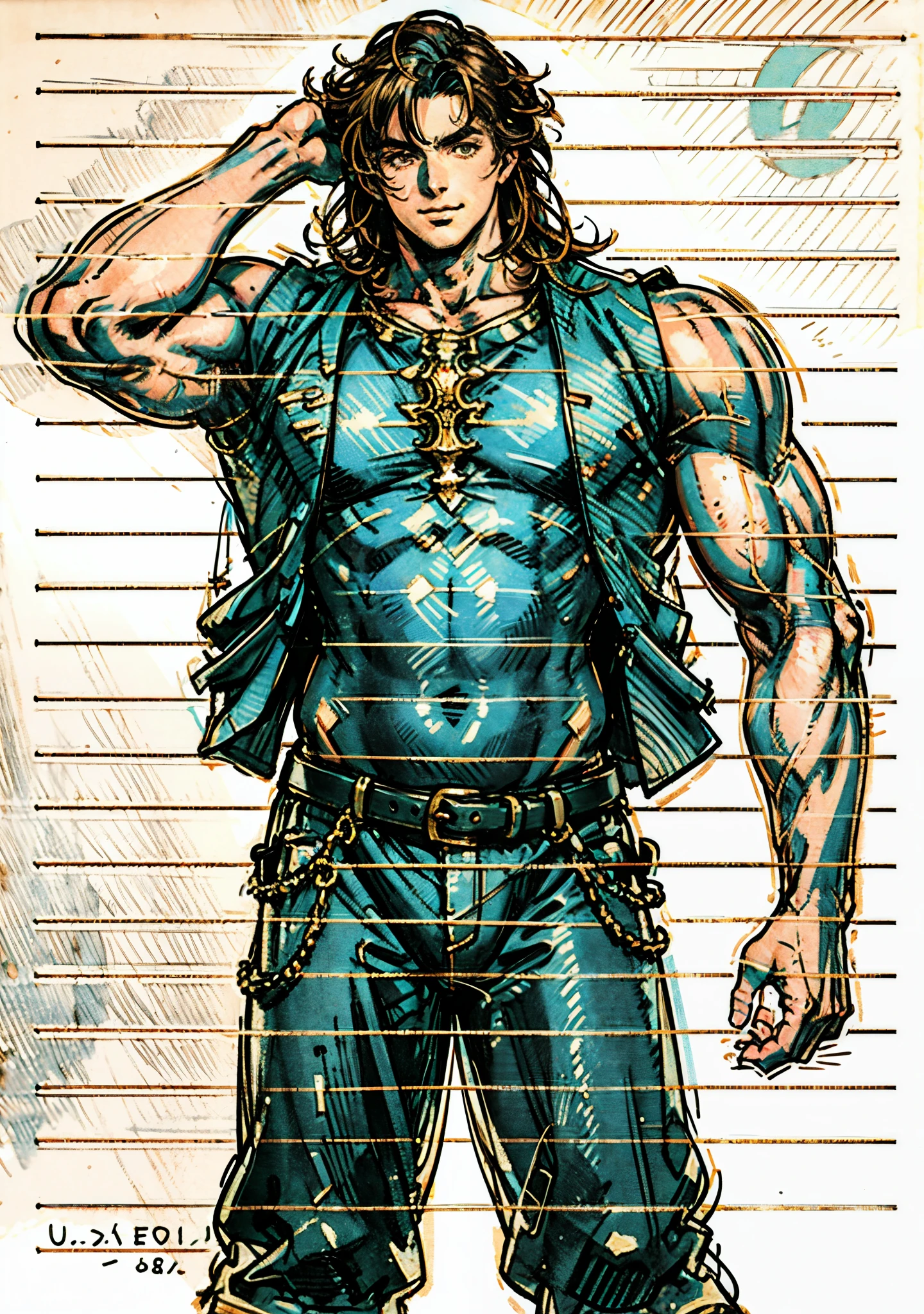 A young man, long black hair, a cheerful smile, thick and arched eyebrows, squinted eyes, brown skin, a sturdy physique, an open plain brown vest, revealing his muscular body, his right hand rests on the back of his head, a loose utility pants, the background depicts a lively fantasy-style street, this character embodies a finely crafted fantasy-style worker in anime style, exquisite and mature manga art style, high definition, best quality, highres, ultra-detailed, ultra-fine painting, extremely delicate, professional, anatomically correct, symmetrical face, extremely detailed eyes and face, high quality eyes, creativity, RAW photo, UHD, 8k, Natural light, cinematic lighting, masterpiece-anatomy-perfect, masterpiece:1.5
