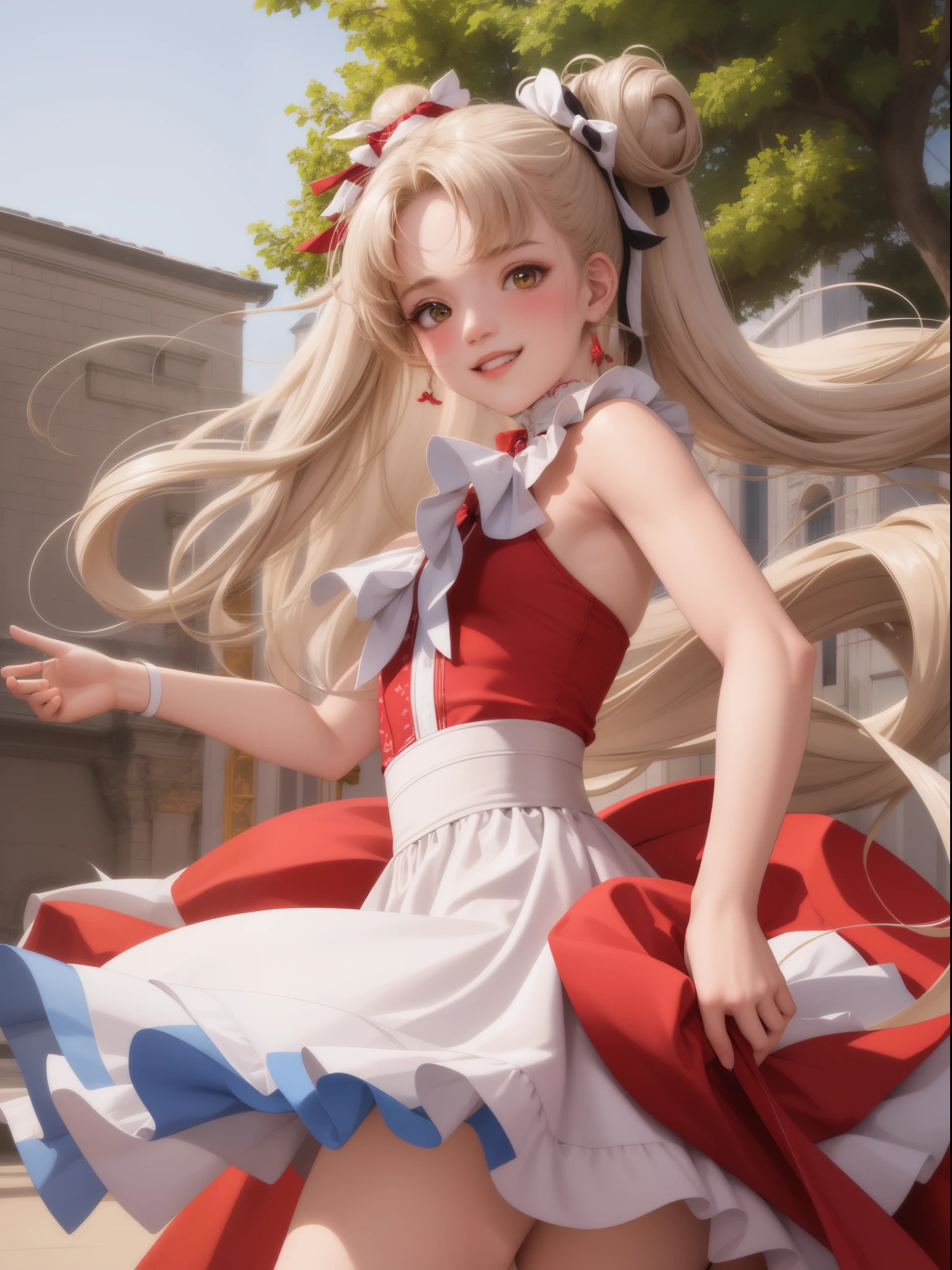 tmasterpiece, Best quality at best, A high resolution, amira, long whitr hair, Pin the bangs at the back of the head, Top knot, forehead, Collar, Bare shoulders, Chopping, red mini short , exercise well,the bow, Sleeveless, cow boy shot, Permanent, Outdoor activities, Riman, ssmile, the shy, A blushing smile,Show butt