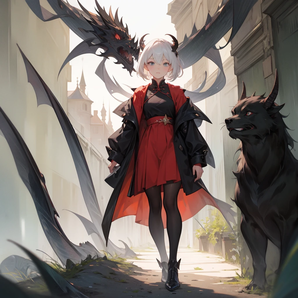 (melhor qualidade: 1.0), (super high res: 1.0), 1girl, personagem extremamente detalhado, detailed hands, Half-dragon girl, chifres, Dragon horns, Girl with black dragon tail, Black dragon tail, Cabelo extremamente detalhado, cabelo curto, ((short hair)), ((cabelos brancos)), ((mechas da cor preta)), olhos extremamente detalhados, olho com cores diferentes, Heterocromia, Olho direito de cor branca, Olho esquerdo de cor preta, dragon eyes, 2D, Arte de Anime, ((barnet)), ((full body)), standing on her feet, medieval, RPG, pequena, (baixa), (Altura Pequena), peitos pequenos, (adolescente), olhar morto, grim expression, look of tiredness, expressionless look, olheiras, camisa de manga comprida, Black jacket, brincos de estrela + Branco, medieval chinese dress + preto, pantyhose + black + white, salto alto, capa preta