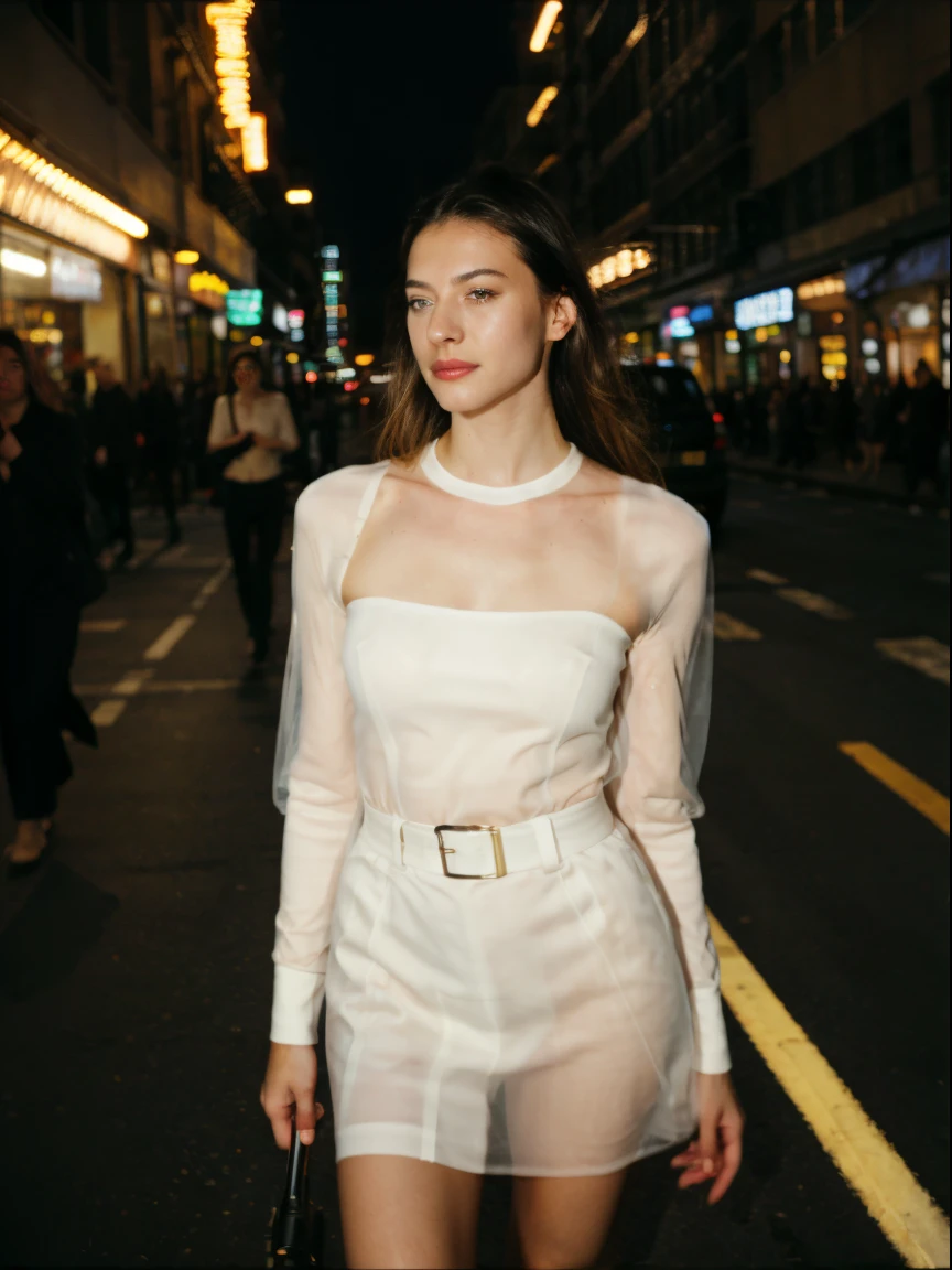 a woman through motion, wearing saint lauren, busy street, fashion model, paparazzi, full body, luxury advertising photography, motion blur, graflex speed graphic, lens flare, brushwork exploration, kodak ektachrome, flash light, spontaneous marks :: 1 Shot on Kodak Ektachrome :: 0.6