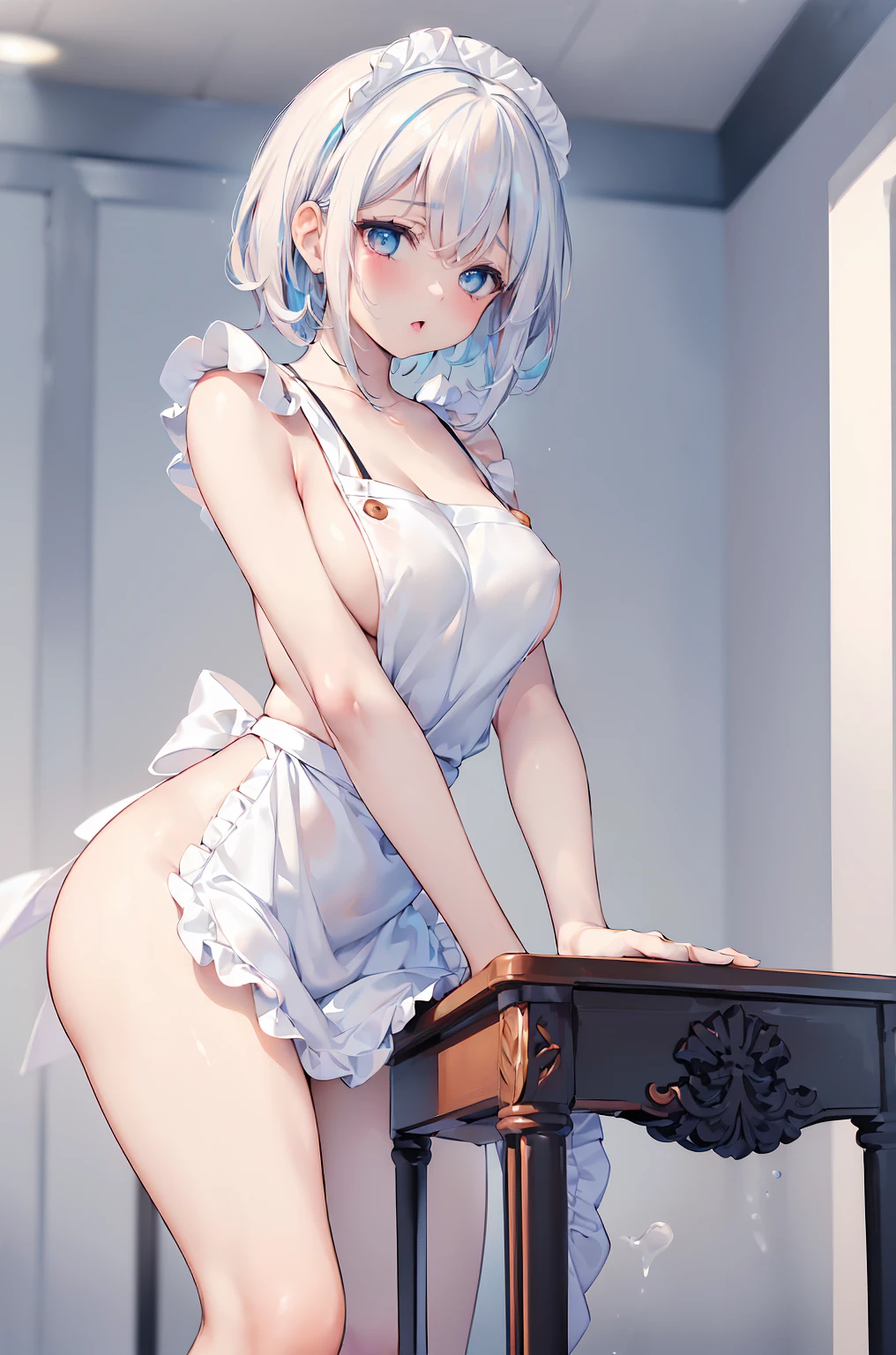 1girl, (table humping:1.5), (crotch rub:1.2), ((naked:1.3), (white apron:1.5), (White hair and blue highlights),cyan eyes, medium, short hair, solo, (medium breasts:1.2),  table, lifting,(suggestive fluid), masterpiece, best quality, highly detailed, (panting:1.2)