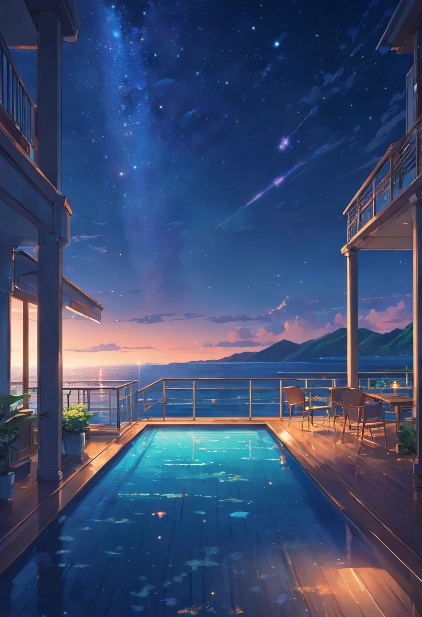 View from the large balcony of a luxury hotel、Starry sky and night sea floating on a moonlit night dimmed atmosphere