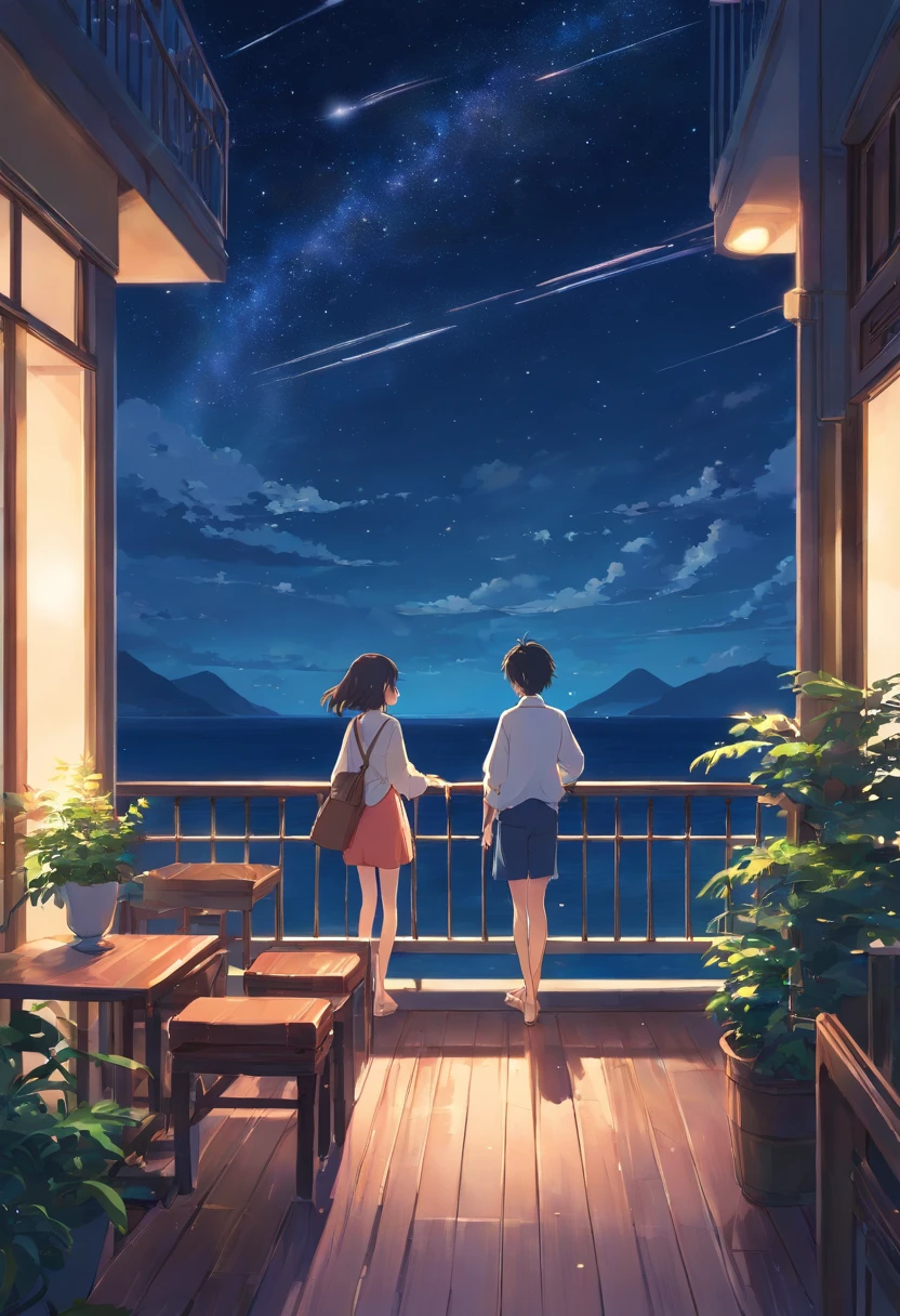 View from the large balcony of a luxury hotel、Starry sky and night sea floating on a moonlit night dimmed atmosphere