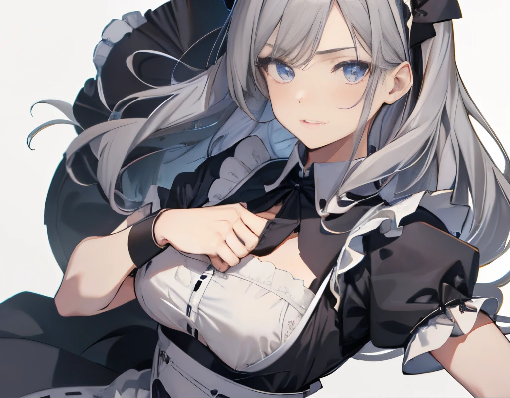 【Highest Quality, masutepiece】 [1 girl in, expressioness, Shining cerulean eyes, Very long hair,,maid clothes,Apron Dresses,frilld,Upper body] (Gray white background:1.5), large full breasts,punch, fist fight,