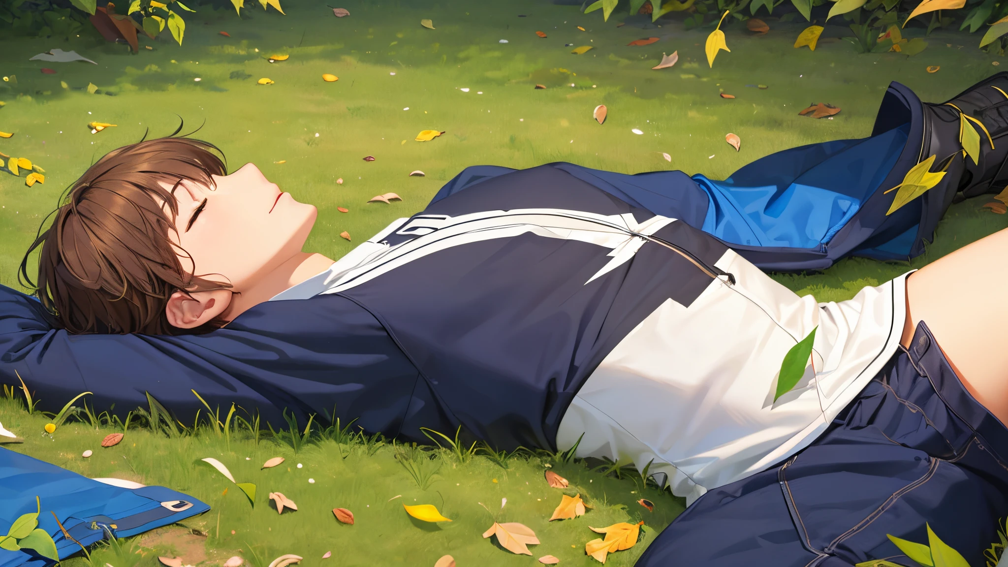 man laying on grass and leaves falling around him