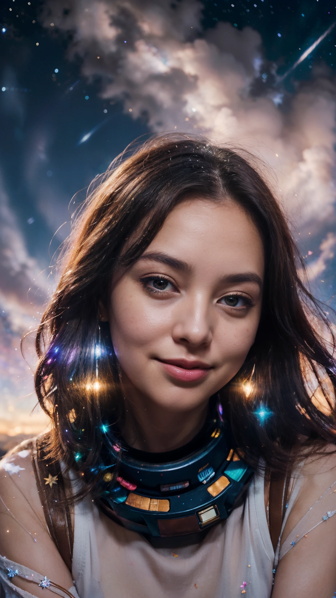 high detailing, Super Detail, 超A high resolution, Girl enjoying her time in the galaxy of dreams, surrounded by stars, Warm light sprinkled on her, Starry sky with colorful galaxy and galactic clouds in the background, Stars flying around her, Delicate face, Add a playful atmosphere , --V6