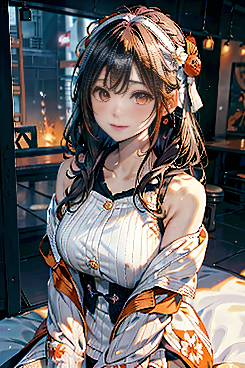 (ukiyoe painting:1.3),(3D Animation:1.3),(Make the subject look three-dimensional with the contrast of light and shadow),(NOWAI),(((With the sunset in the background))),(((winter snowy mountain climbing:1.3))),cute and beautiful adult woman,Cute round face,Cute smile,with blush cheeks,Red Lip,(((Orange Open Short Duffle Coat:1.3))),(((Off-white off-shoulder sweater dress:1.3))),Knitted hats,long boots,gloves,(silver white hair,Floral braided headband,half up、Floral Braided Space Van,Voluminous Fishtail Braids,Twisted chignon,),(Bangs are see-through bangs),hair pin,hair adornments,(((Emphasize large breasts:1.3))),breast slip,detailed clothes features,Detailed hair features,detailed facial features,(Dynamic angles),(Dynamic and sexy poses),profetional lighting,Cinematic Light,(masutepiece,top-quality,Ultra-high resolution output image,) ,(The 8k quality,depth of fields,Anatomically accurate facial structure,),(Sea Art 2 Mode:1.3),(Image Mode Ultra HD,)