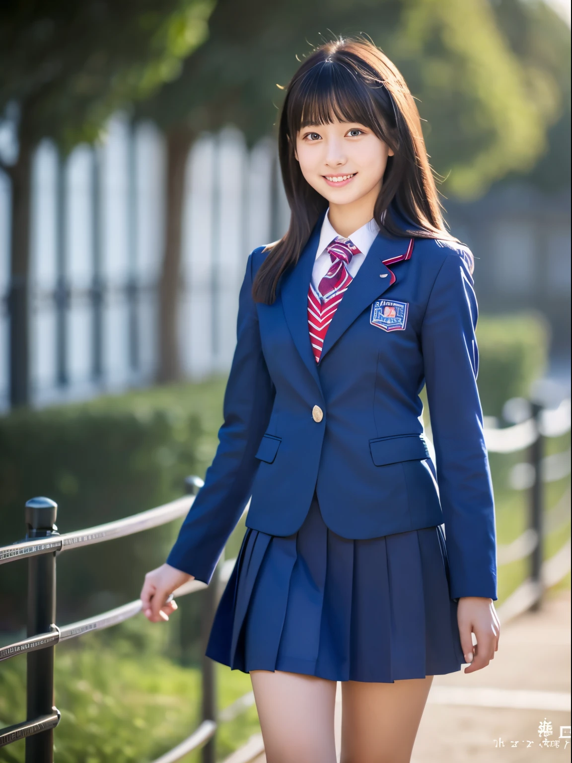 ((Masterpiece)), 8k, highest quality, 1 girl, solo, beautiful face, gentle expression, realistic, cute, dark blue blazer uniform, dark blue short skirt, crimson ribbon, (Japanese high school girl) , Smile, ((Looking at camera)), Shoulder-length hair, Hair waving in the wind, (Full body),