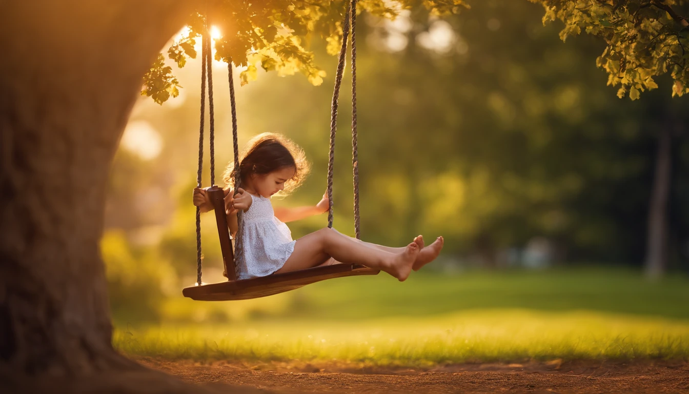beautiful on a swing,garden background,Soft sunlight,playful expression,Pleasant atmosphere,lush greenery,vibrant colours,happy childhood memories, Photo style,high resolucion,realistic details, little girla swing, a little girl is riding swing hanging from a tree, there'sa swing hanging on a tree, a little girl is riding on a swing.d girl, South Korean, A dark-haire