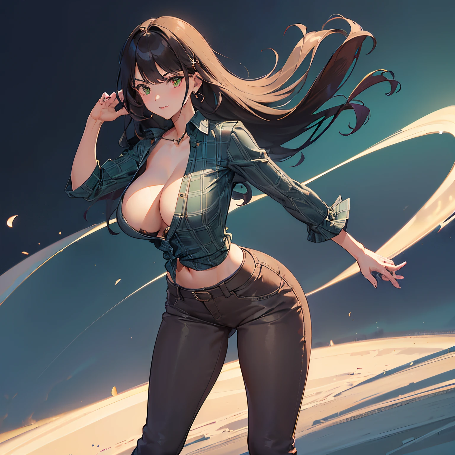 1girl, 21 anos, ((rosto perfeito e detalhado)) ( cabelo preto preso com mechas soltas), ((wearing a long green button-down shirt with a low neckline, brown twill pants highlighting the curves of the legs, botas cano alto)), morena, middlebreasts, cintura fina, barriga a mostra definida,(corpo perfeito, curvineo e definido), ((coxas grossas musculosas)), standing dynamic pose, full view, obra prima, melhor qualidade, ((riqueza em detalhes, 8k definition)), (((corpo inteiro))), (perfect hands)