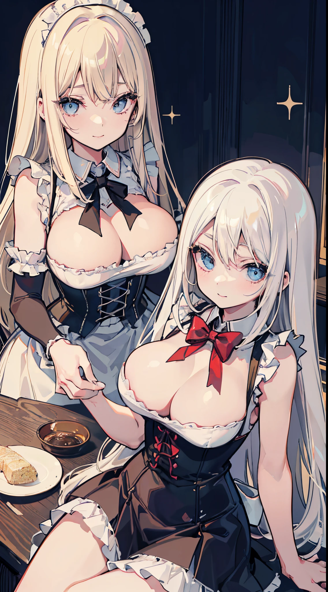top-quality、realistic touch,high-detail、photoRealstic、Long body、captive beauty、big eye、huge tit、Strong platinum blonde eyelashes、platinum-blonde、Beautie、A sexy、full body Esbian、Sparkling eyes、Submissive smile、Flushed cheeks、Kamimei、thin-waist、Voluptuous thighs、Enraptured look、Raked bangs、The forehead is protruding、Corset to emphasize the chest、Obedient maid uniform、sleeveless、High school student in sailor suit、3some