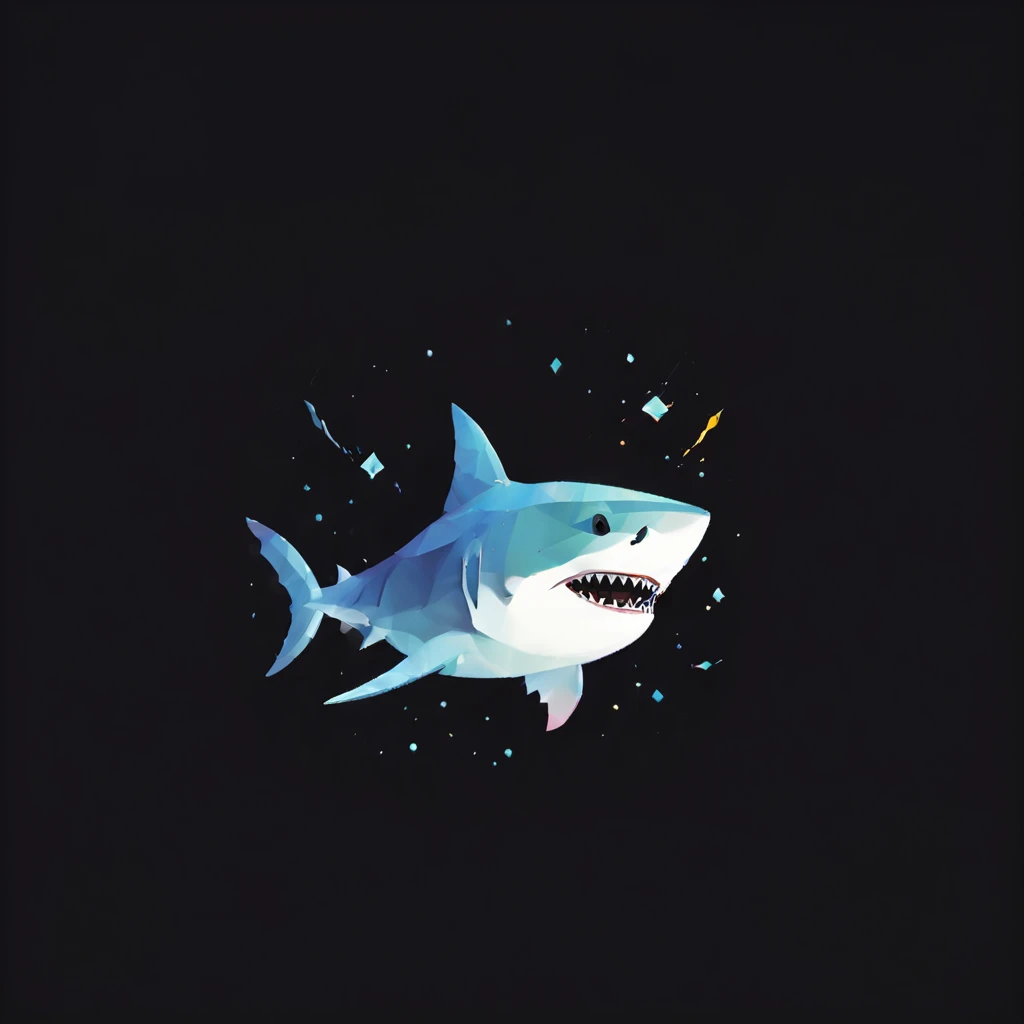 Colorful Logo, Shark head minimalist vector art logo illustration, Frontal, Magic, Crisp design, suave, monochrome color, Dark Magic Colorful Splash Painting, tshirt design, In the style of Studio Ghibli, The design must be vector art, Introduction to the shark. Using Adobe Illustrator、Create a sharp, simple-looking logo, But fascinating. Keep the design centered on the shark's eye, Capture its uniqueness and charm. The logo should evoke a sense of sophistication and tranquility. Emphasis on low-poly style、Adds a touch of luxury. The overall aesthetic must be elegant and elegant, Make it relevant for your branding and logo objectives, black backgrounds, ((Symmemeter)) It's a shark