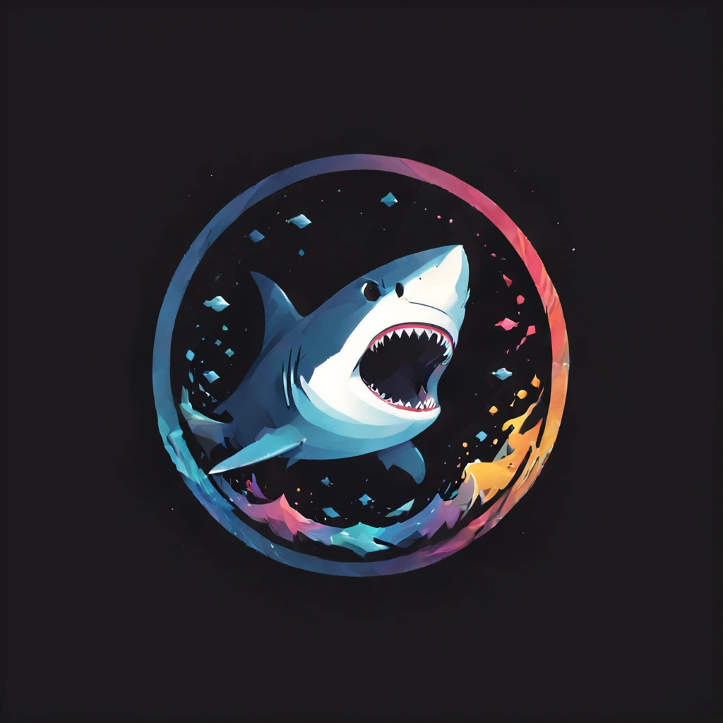 Colorful Logo, Shark head minimalist vector art logo illustration, Frontal, Magic, Crisp design, suave, monochrome color, Dark Magic Colorful Splash Painting, tshirt design, In the style of Studio Ghibli, The design must be vector art, Introduction to the shark. Using Adobe Illustrator、Create a sharp, simple-looking logo, But fascinating. Keep the design centered on the shark's eye, Capture its uniqueness and charm. The logo should evoke a sense of sophistication and tranquility. Emphasis on low-poly style、Adds a touch of luxury. The overall aesthetic must be elegant and elegant, Make it relevant for your branding and logo objectives, black backgrounds, ((Symmemeter))　It's a shark