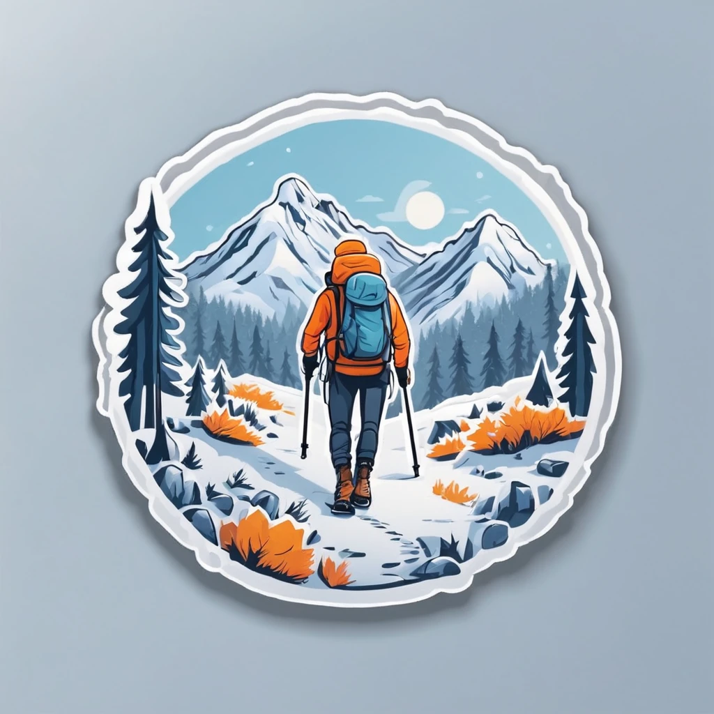 (Sticker),White background,(in circle), winter hiking, ,Simple, Ultra detailed, Detailed drawing, vectorised, Silhouette, 8K, professional sticker design, Flat design, Vector lines, Sticker, Full-HD, pastel monochrome