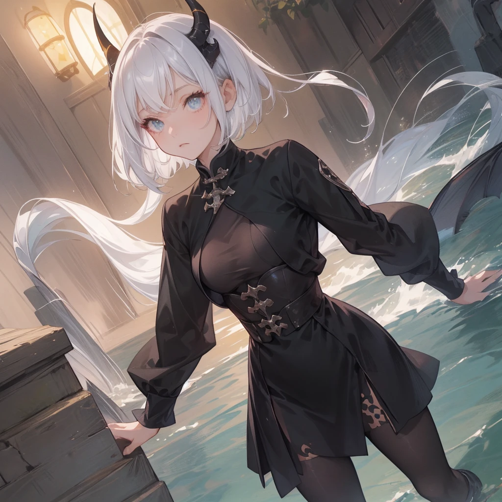 (melhor qualidade: 1.0), (super high res: 1.0), 1girl, personagem extremamente detalhado, detailed hands, Half-dragon girl, chifres, Dragon horns, Girl with black dragon tail, Black dragon tail, Cabelo extremamente detalhado, cabelo curto, ((short hair)), ((cabelos brancos)), ((mechas da cor preta)), olhos extremamente detalhados, olho com cores diferentes, Heterocromia, Olho direito de cor branca, Olho esquerdo de cor preta, dragon eyes, 2D, Arte de Anime, ((barnet)), ((full body)), standing on her feet, medieval, RPG, pequena, (baixa), (Altura Pequena), peitos pequenos, (adolescente), olhar morto, grim expression, look of tiredness, expressionless look, olheiras, camisa de manga comprida, Black jacket, brincos de estrela + Branco, medieval chinese dress + preto, pantyhose + black + white, salto alto, capa preta