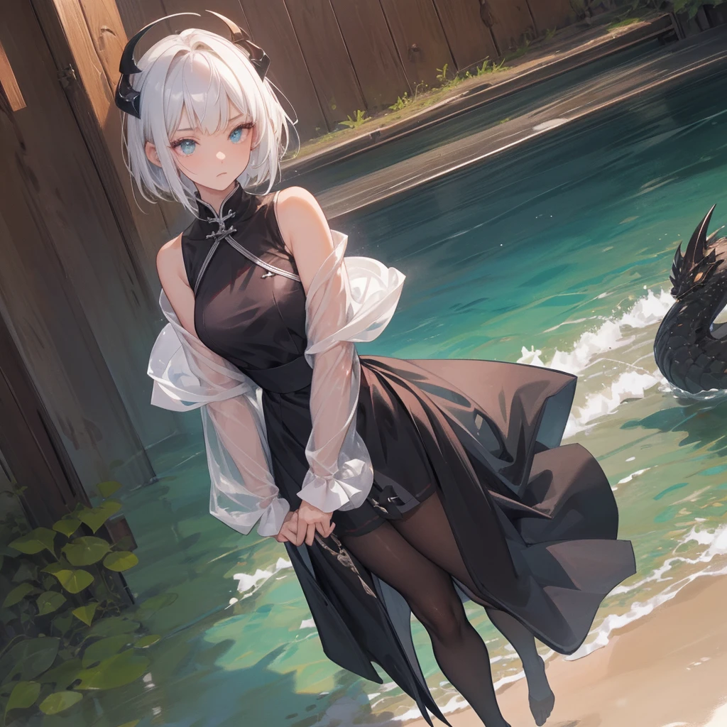 (melhor qualidade: 1.0), (super high res: 1.0), 1girl, personagem extremamente detalhado, detailed hands, Half-dragon girl, chifres, Dragon horns, Girl with black dragon tail, Black dragon tail, Cabelo extremamente detalhado, cabelo curto, ((short hair)), ((cabelos brancos)), ((mechas da cor preta)), olhos extremamente detalhados, olho com cores diferentes, Heterocromia, Olho direito de cor branca, Olho esquerdo de cor preta, dragon eyes, 2D, Arte de Anime, ((barnet)), ((full body)), standing on her feet, medieval, RPG, pequena, (baixa), (Altura Pequena), peitos pequenos, (adolescente), olhar morto, grim expression, look of tiredness, expressionless look, olheiras, camisa de manga comprida, Black jacket, brincos de estrela + Branco, medieval chinese dress + preto, pantyhose + black + white, salto alto, capa preta