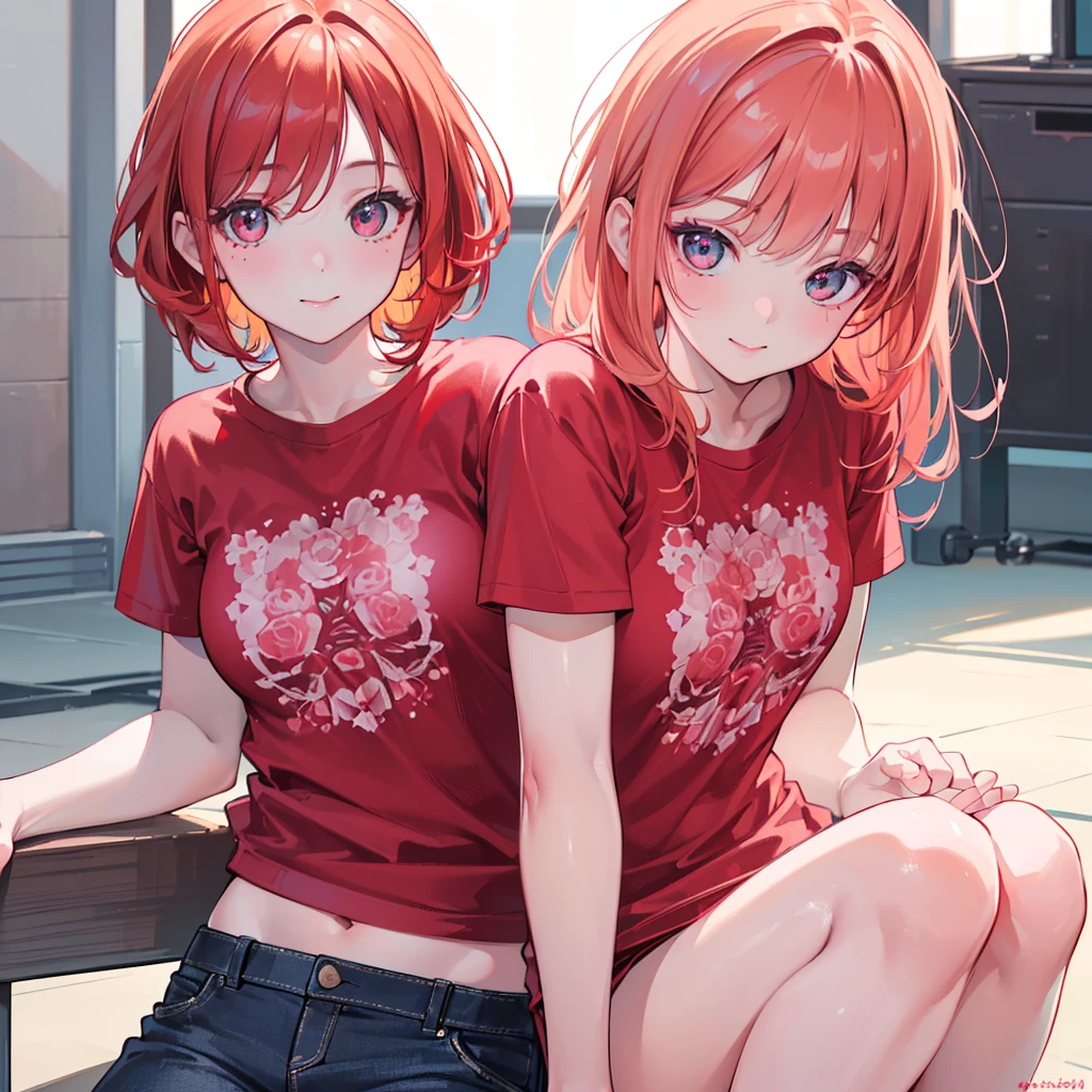 (best quality,4k,8k,highres,masterpiece:1.2),ultra-detailed,(realistic,photorealistic,photo-realistic:1.37),portrait,short ginger hair,pink sparkling eyes,red lipstick,rosy blush marks,beautiful smile,red t-shirt,black jeans