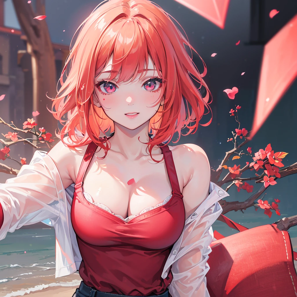 (best quality,4k,8k,highres,masterpiece:1.2),ultra-detailed,(realistic,photorealistic,photo-realistic:1.37),portrait,short ginger hair,pink sparkling eyes,red lipstick,rosy blush marks,beautiful smile,red t-shirt,black jeans