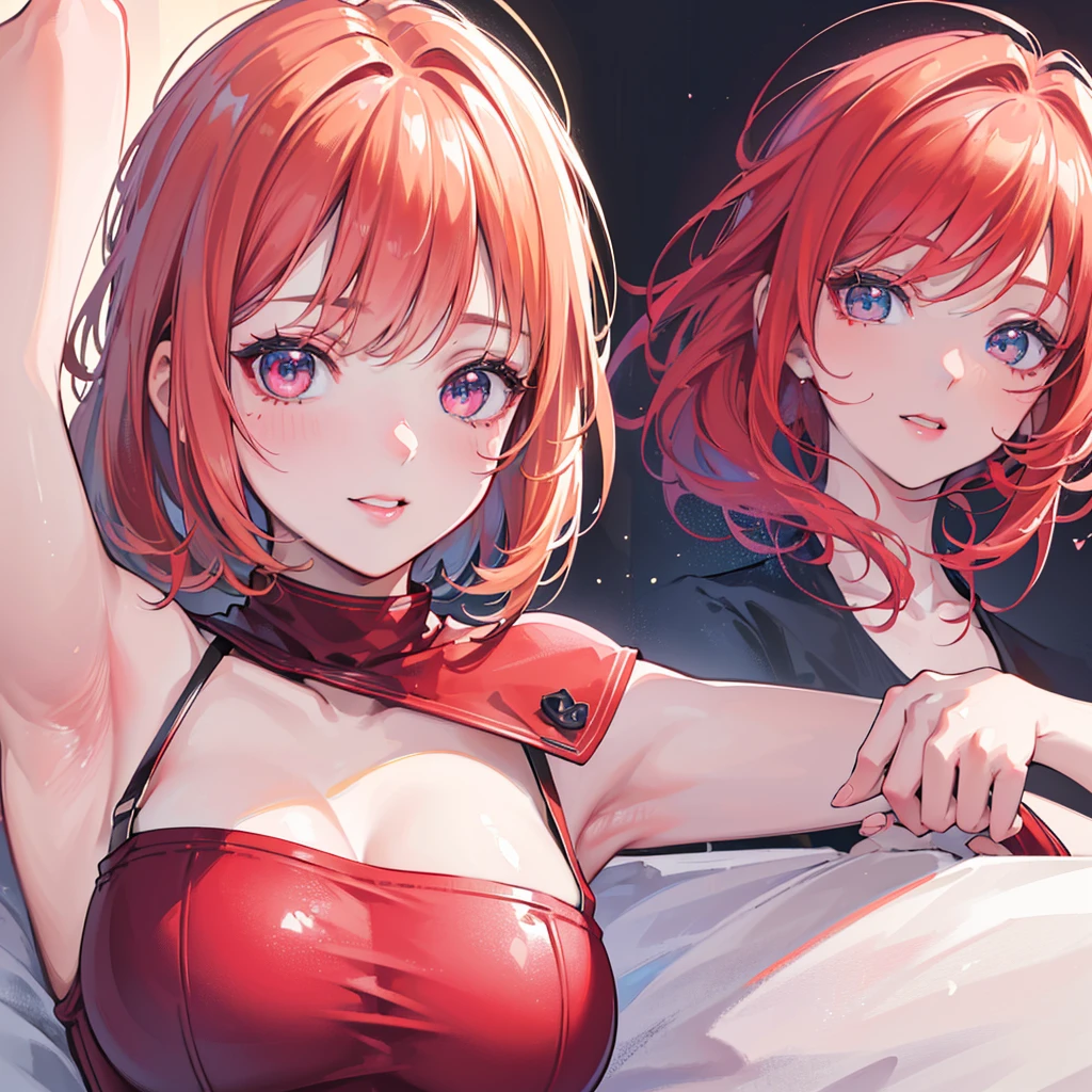 (best quality,4k,8k,highres,masterpiece:1.2),ultra-detailed,(realistic,photorealistic,photo-realistic:1.37),portrait,short ginger hair,pink sparkling eyes,red lipstick,rosy blush marks,beautiful smile,red t-shirt,black jeans