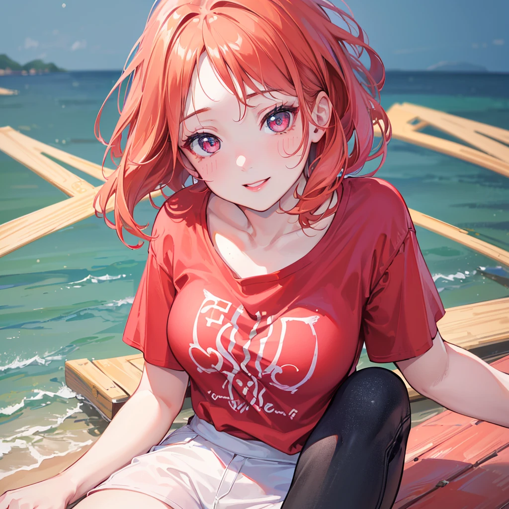 (best quality,4k,8k,highres,masterpiece:1.2),ultra-detailed,(realistic,photorealistic,photo-realistic:1.37),portrait,short ginger hair,pink sparkling eyes,red lipstick,rosy blush marks,beautiful smile,red t-shirt,black jeans