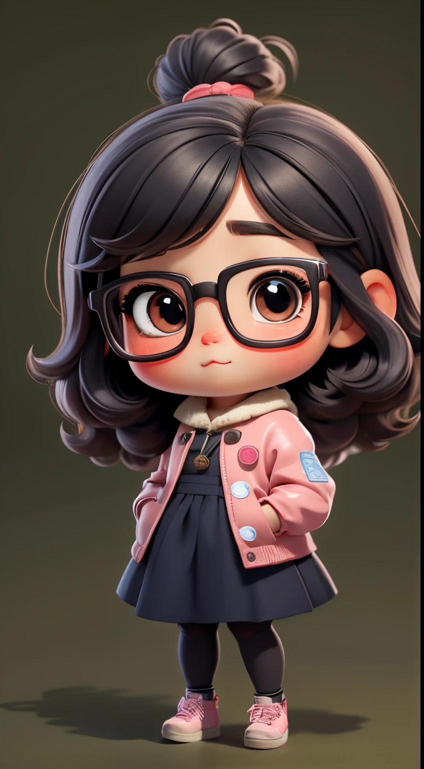 Cute little girl s、estilo chibi、Big glasses、view full body、Facing the front and the focus is looking at the camera lens、1-head body、Solid pattern on the same background