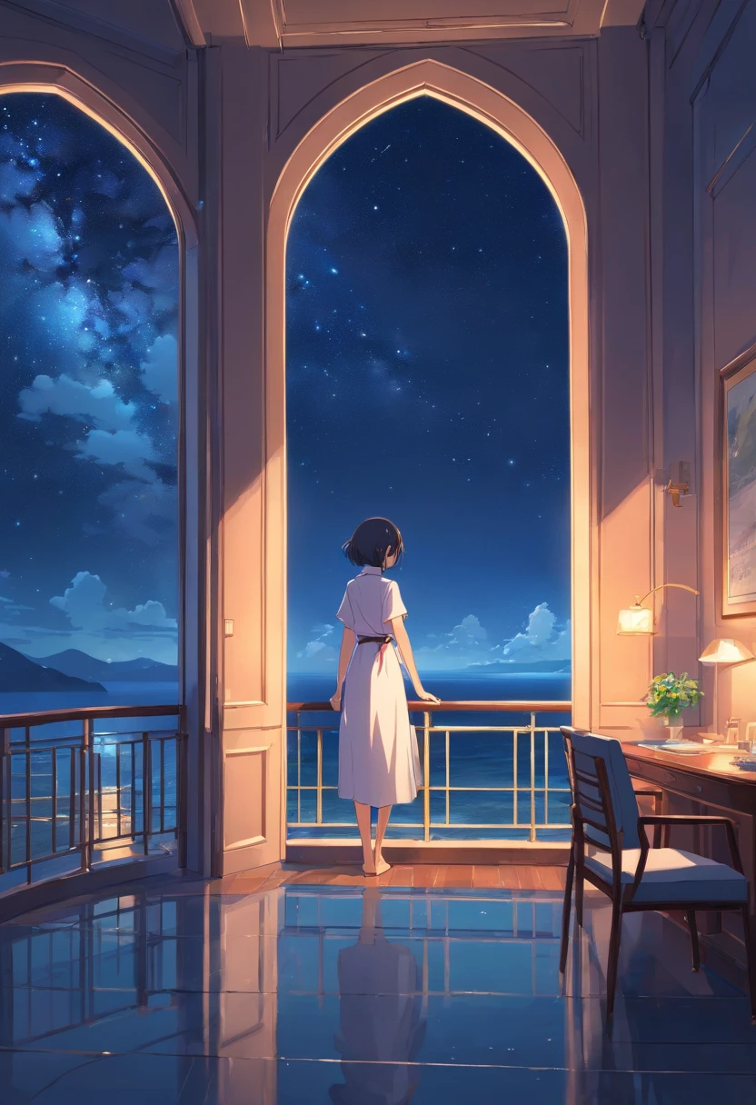 room for secrets View from the wide arched balcony of a luxury hotel、Starry sky and night sea floating on a moonlit night dimmed atmosphere
