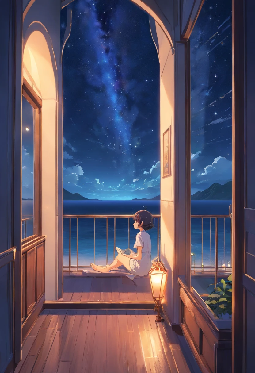 room for secrets View from the wide arched balcony of a luxury hotel、Starry sky and night sea floating on a moonlit night dimmed atmosphere