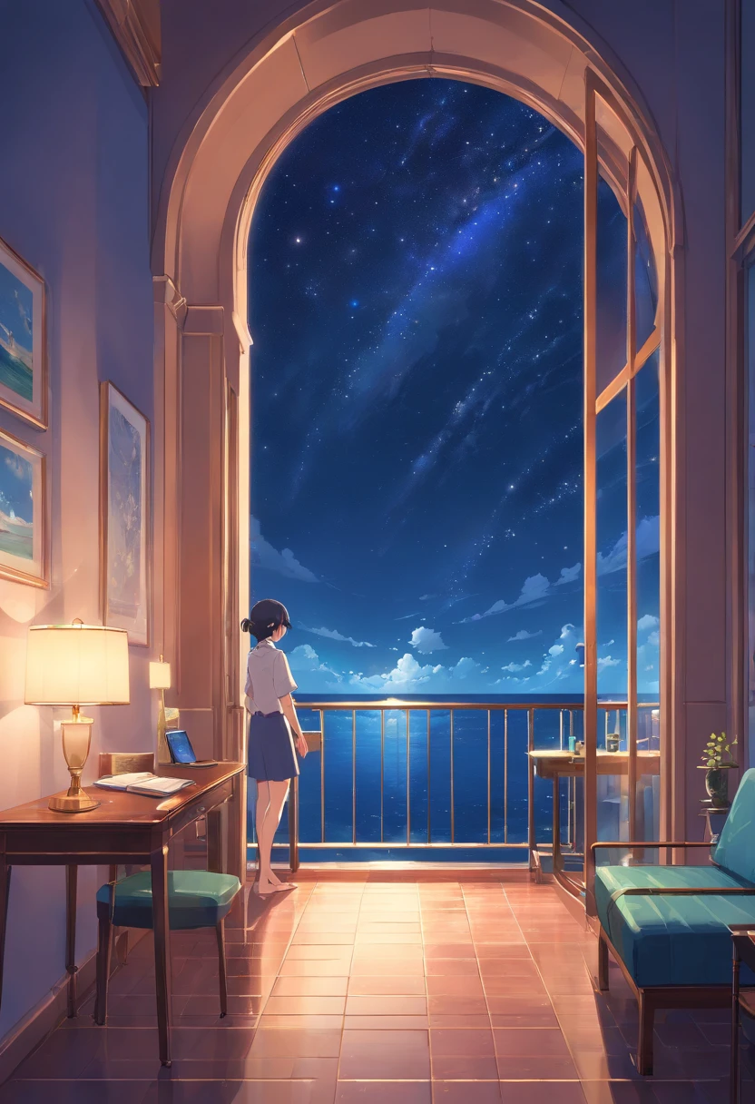 room for secrets View from the wide arched balcony of a luxury hotel、Starry sky and night sea floating on a moonlit night dimmed atmosphere