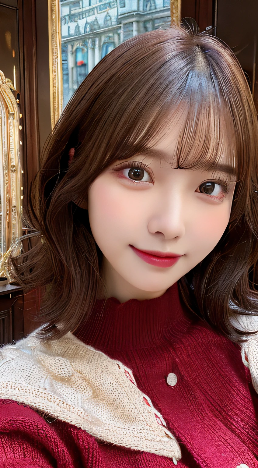 Best Quality, Real Stick, Ultra-detailed, finely detail, hight resolution, in 8K、Wallpaper, Perfect dynamic composition, Beautiful detailed eyes, Red Sweater, Bob Hair, Medium Hair, Bangs, A dark-haired, mid-chest, Natural Color Lip, The orientation of the body is frontal,Smile,Tower Mansion