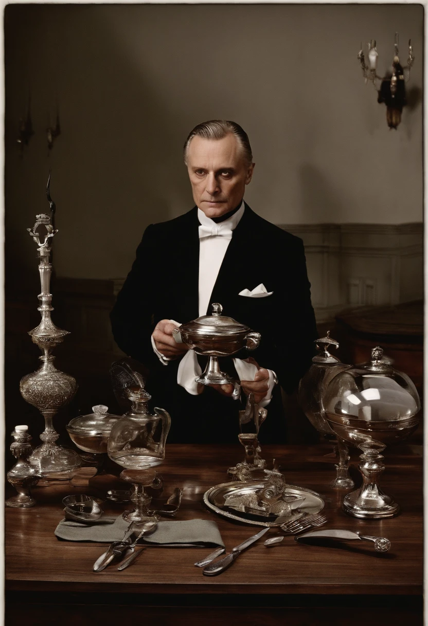 A photo of Hannibal Lecter delicately arranging a collection of vintage silverware on a polished mahogany table,The Silence of the Lambs,Lecter’s appearance is described as being disarmingly ordinary yet neat, with an intense gaze and a hint of predatory sharpness. He often presents himself with impeccable manners, a calm composure, and a precise, almost surgical precision in movement, masking the monster that lies beneath his civilized veneer., male
