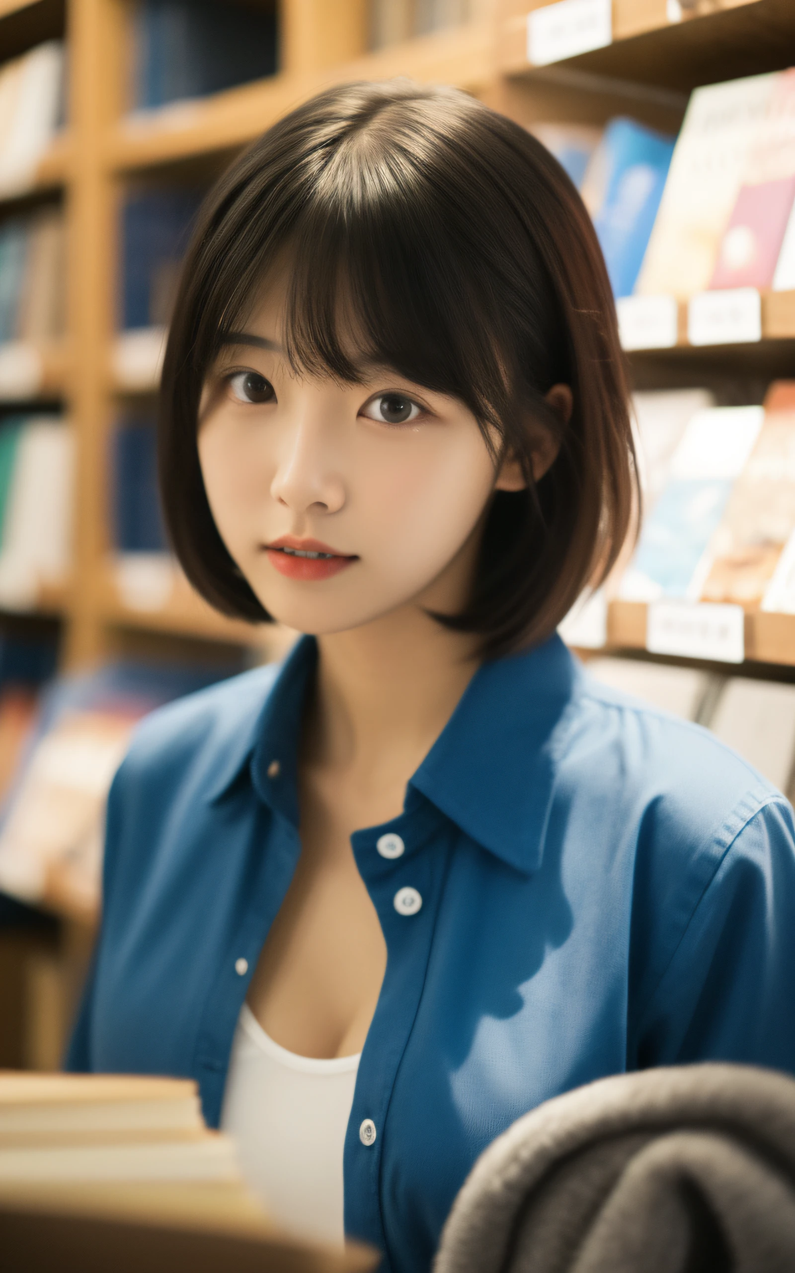 masutepiece, Best Quality, 8K, 18 yo, (large full breasts:1.2), open your mouth to say something, book shop, cute little, Solo, sad, close up, Cute, Girly, Delicate girl, Neat and clean beauty, Raw photo, Professional Photography, Portrait, Soft light, Professional Lighting, Back lighting, Sophisticated, Film grain, (Eyes and faces with detailed:1.0), Short-length floating hair , Beautiful flowing hair, Bangs, Collared shirt
