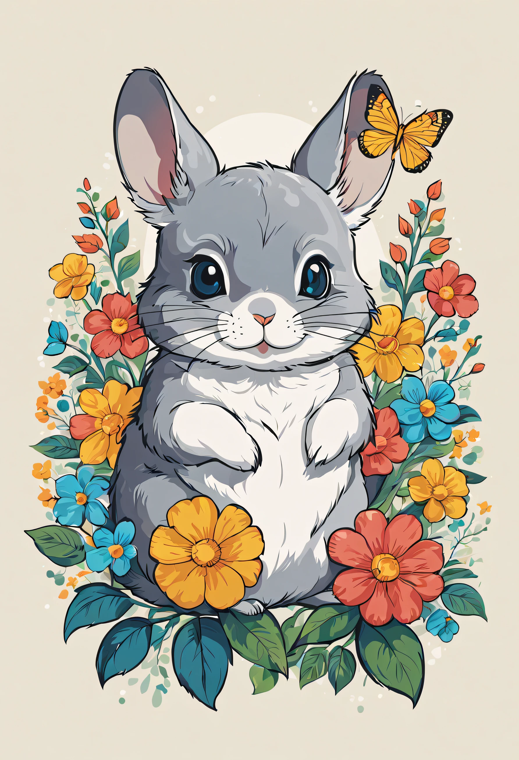 Vector Design, TShirt design, Line Art T – Shirt, Retro, Flowers, Chinchilla , Cartoon, vintage, trendy, 2d, vector, flat, no mockup, no background