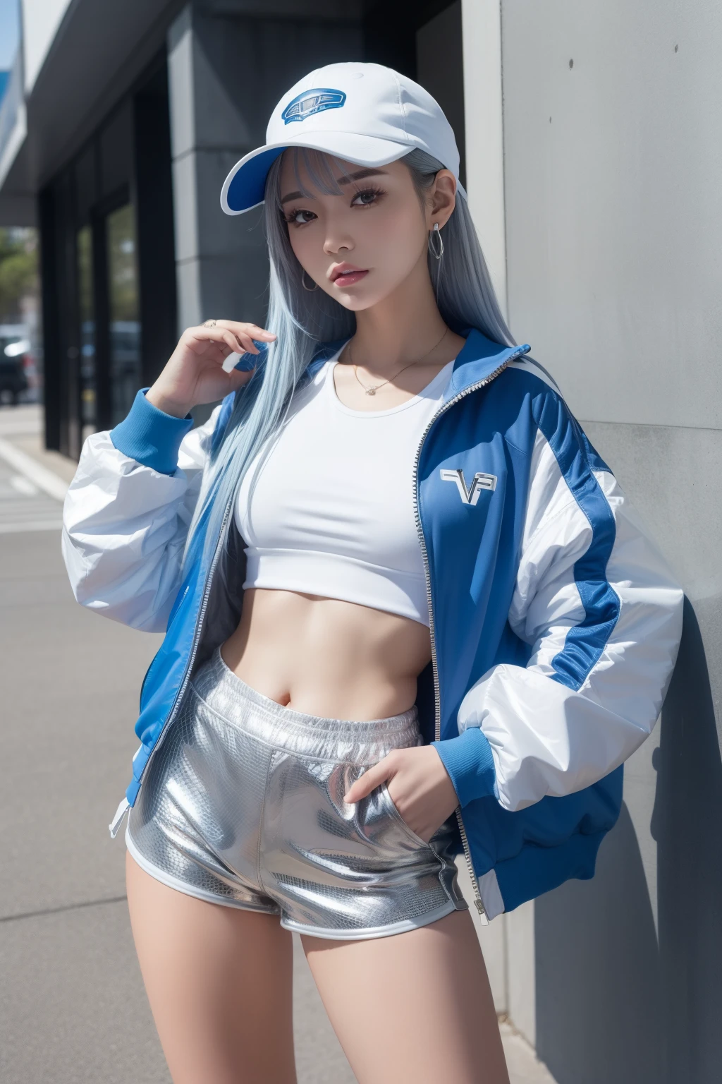 female idol、full body Esbian、tight silver shorts、silver and blue mesh hair、Track jacket、Sun visor