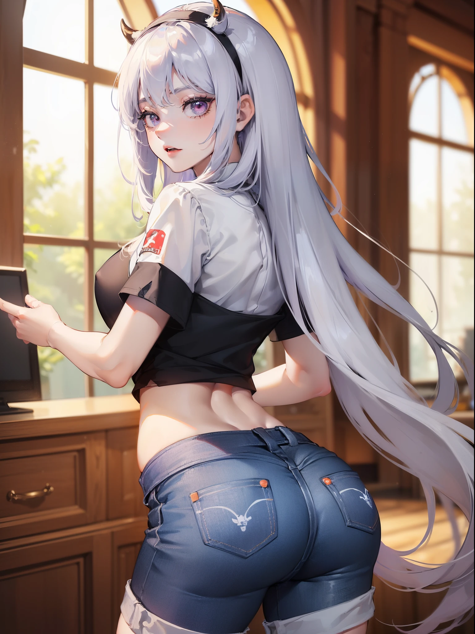 (((tmasterpiece, Best quality at best, A high resolution))),((1 girl, Alone, Solo girl, 1 number, Solo chart)) Beautiful Noelle_Silva, long whitr hair, (shairband, purple hairband), (White hair, silber hair), dual horsetail, Pig's tail, By bangs, silber hair, a purple eye, ((denim short, shorter pants, black t-shirts, shortsleeves, Crop top)), ((Butt off, Butt off, ass shot, ass shot)), ass focus, Seductive thighs, ((posterior view)), (Permanent), Indoor rest, (sobu), blur backgroun, ((cow boy shot)), dynamicposes, Seductive face, (Perfect Finger, Perfect legs, perfect anatomia), 4K