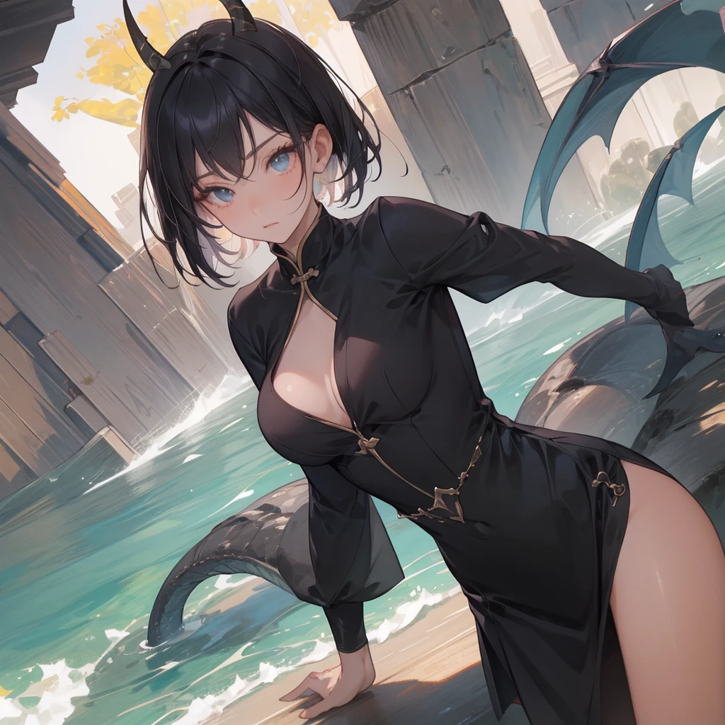 (melhor qualidade: 1.0), (super high res: 1.0), 1girl, personagem extremamente detalhado, detailed hands, Half-dragon girl, chifres, Dragon horns, Girl with black dragon tail, Black dragon tail, Cabelo extremamente detalhado, cabelo curto, ((short hair)), ((cabelos brancos)), ((mechas da cor preta)), olhos extremamente detalhados, olho com cores diferentes, Heterocromia, Olho direito de cor branca, Olho esquerdo de cor preta, dragon eyes, 2D, Arte de Anime, ((barnet)), ((full body)), standing on her feet, medieval, RPG, pequena, (baixa), (Altura Pequena), peitos pequenos, (adolescente), olhar morto, grim expression, look of tiredness, expressionless look, olheiras, camisa de manga comprida, Black jacket, brincos de estrela + Branco, medieval chinese dress + preto, pantyhose + black + white, salto alto, capa preta