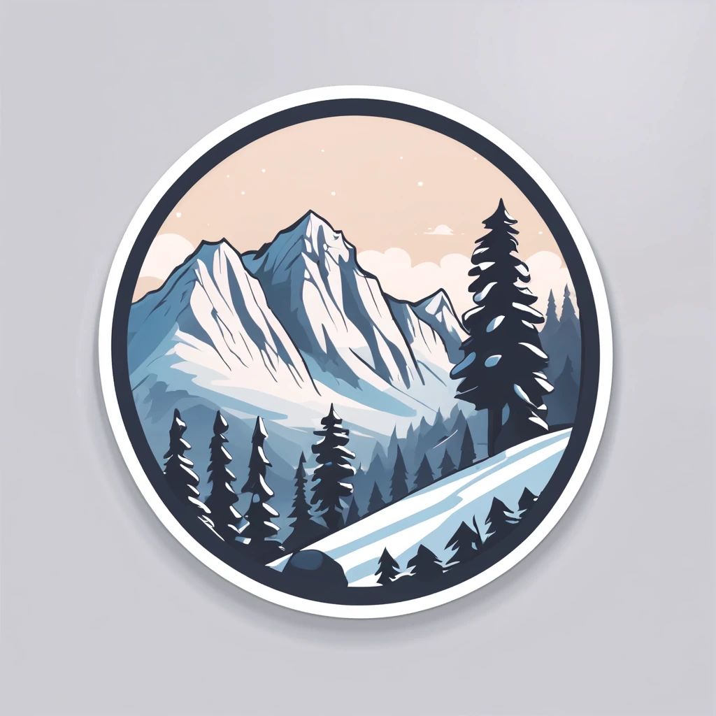 (Sticker),White background,(in circle), winter hiking, ,Simple, Ultra detailed, Detailed drawing, vectorised, Silhouette, 8K, professional sticker design, Flat design, Vector lines, Sticker, Full-HD, pastel monochrome