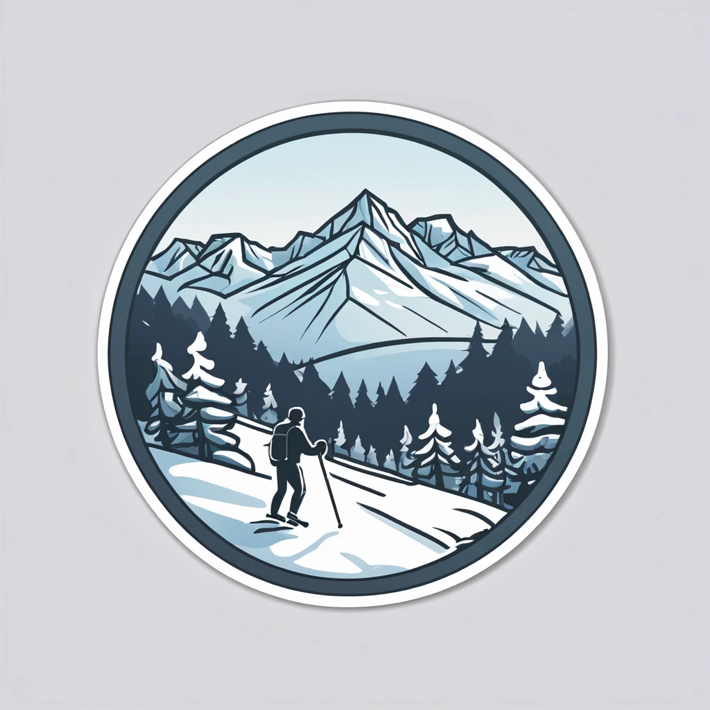 (Sticker),White background,(in circle), winter hiking, ,Simple, Ultra detailed, Detailed drawing, vectorised, Silhouette, 8K, professional sticker design, Flat design, Vector lines, Sticker, Full-HD, pastel monochrome