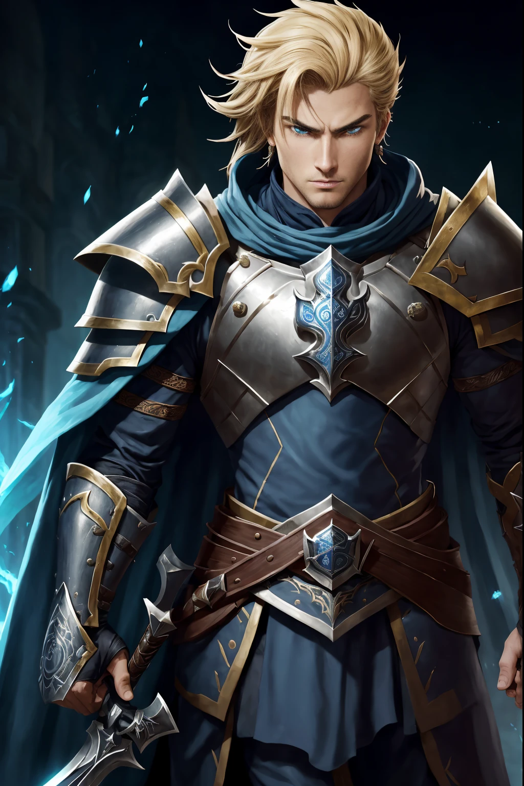 Create a captivating portrait of Malthus Vosk, a noble human Paladin from the Kingdom of Grabisco. Depict his impressive presence and unwavering commitment to justice. Bring to life his tall stature, broad shoulders, and a unique hairstyle that sets him apart. Style his blonde hair in a swept-back fashion, neatly arranged to convey both a sense of discipline and a touch of adventure. Craft his piercing blue eyes that reflect his resolute resolve. Ensure his polished armor gleams with a radiant shine, displaying his unwavering dedication to chivalry. Highlight his holy symbol, emitting a gentle glow, representing his deep-rooted faith. Portray him wielding his trusty longsword with purpose and power. Convey his noble visage exuding confidence and unwavering determination. Inspire both allies and foes alike with his regal appearance and commitment to justice. Let the image reflect Malthus Vosk's embodiment of honor and righteousness, ready to face any challenge in his quest to vanquish the acolytes of Zan and defend the innocent