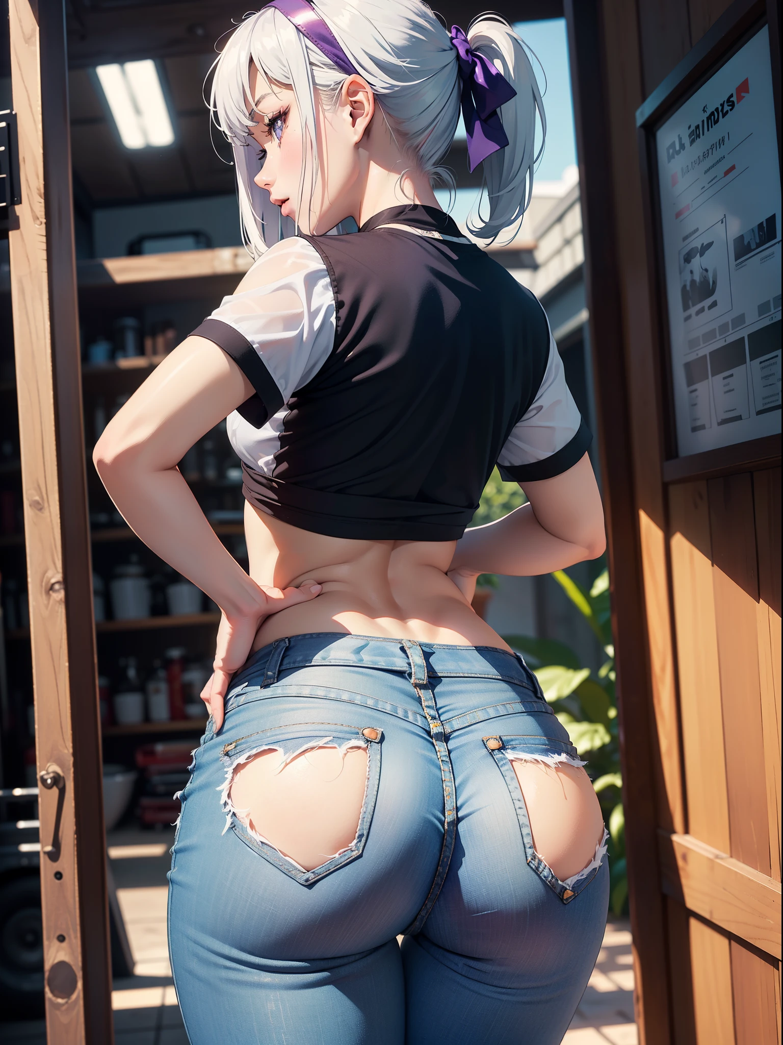 (((tmasterpiece, Best quality at best, A high resolution))),((1 girl, Alone, Solo girl, 1 number, Solo chart)) Beautiful Noelle_Silva, long whitr hair, (shairband, purple hairband), (White hair, silber hair), dual horsetail, Pig's tail, By bangs, silber hair, a purple eye, ((denim short, shorter pants, black t-shirts, shortsleeves, Crop top)), ((Butt off, Butt off, ass shot, ass shot)), ass focus, Seductive thighs, ((posterior view)), (Permanent), Indoor rest, (sobu), blur backgroun, ((cow boy shot)), dynamicposes, Seductive face, (Perfect Finger, Perfect legs, perfect anatomia), 4K