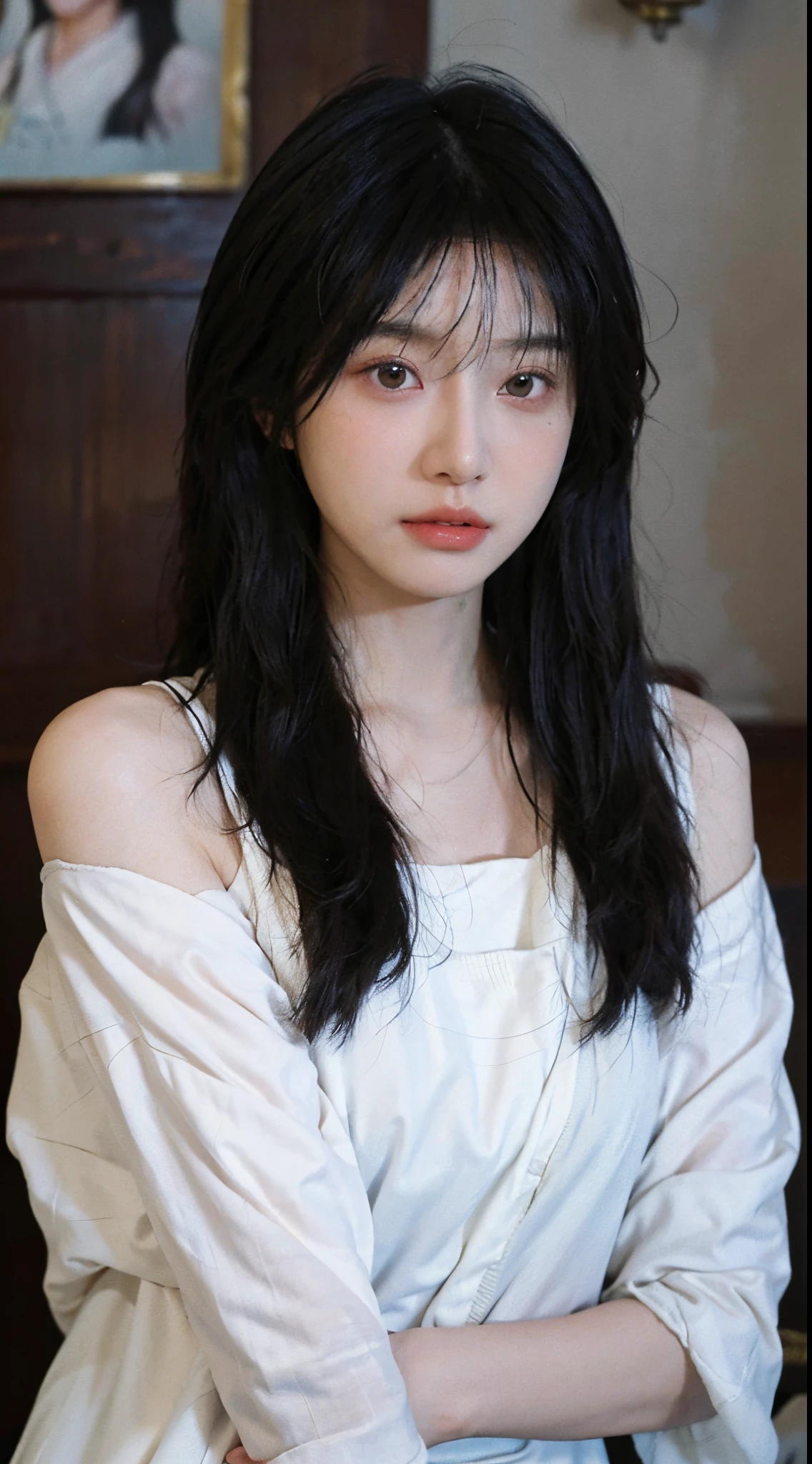 a close up of a woman with long hair wearing a white towel, a photorealistic painting by Zhang Han, tumblr, realism, realistic. cheng yi, soft portrait shot 8 k, lovely delicate face, beautiful delicate face, beautiful aesthetic face, beautiful realistic face, extremely beautiful face, guweiz, cute natural anime face, photorealistic anime, realistic beautiful face