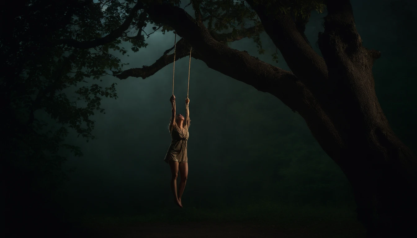 dark and rainy night, Horror style, A woman is hanging herself from a tree., Woman hanging herself with a rope from a tree, hanged woman, hanging, s whole body, hanged woman,