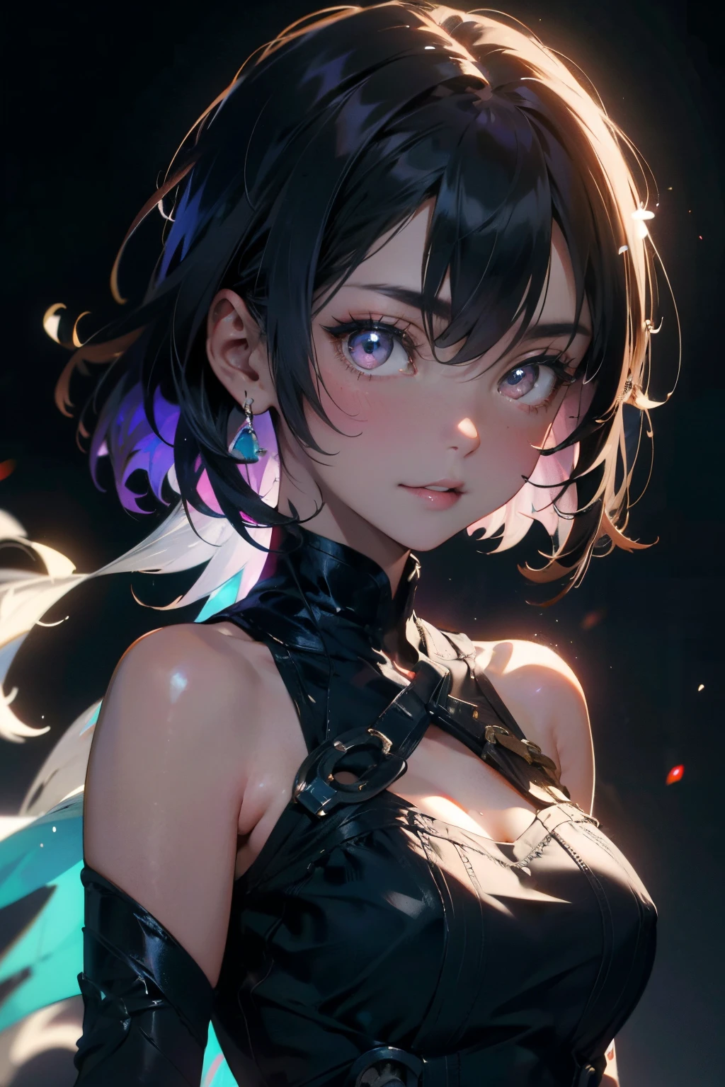 a 20 yo woman、Brown hair、Bery short hair、Big smile、Purple long dress(hi-top fade:1.3)、dark themed、Muted Tones、Subdued Color、highly contrast、(natural skin textures、Hyper-Realism、Soft light、sharp) {{{{masutepiece}}}}, {{{Hyper Detailed}}}, {{{hight resolution}}}, {{Good anatomy}}, (((Best Quality))), ((extremely delicate and beautiful)), {{an extremely detailed and delicate}}, {8k cg wallpaper}, {{Illustration}}, (greyscale with colored background:1), White and black background, (chromatic abberation:1.2), Upper body, maturefemale, (1girl in:1), Solo, 花魁, (komono:1.2), medium breasts, hiten1,steampunc,
