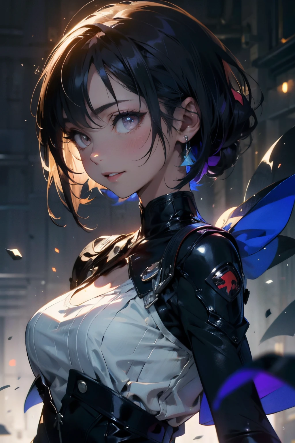a 20 yo woman、Brown hair、Bery short hair、Big smile、Purple long dress(hi-top fade:1.3)、dark themed、Muted Tones、Subdued Color、highly contrast、(natural skin textures、Hyper-Realism、Soft light、sharp) {{{{masutepiece}}}}, {{{Hyper Detailed}}}, {{{hight resolution}}}, {{Good anatomy}}, (((Best Quality))), ((extremely delicate and beautiful)), {{an extremely detailed and delicate}}, {8k cg wallpaper}, {{Illustration}}, (greyscale with colored background:1), White and black background,  (chromatic abberation:1.2), Upper body,  maturefemale, (1girl in:1), Solo, 花魁, (komono:1.2), medium breasts,  hiten1,steampunc，