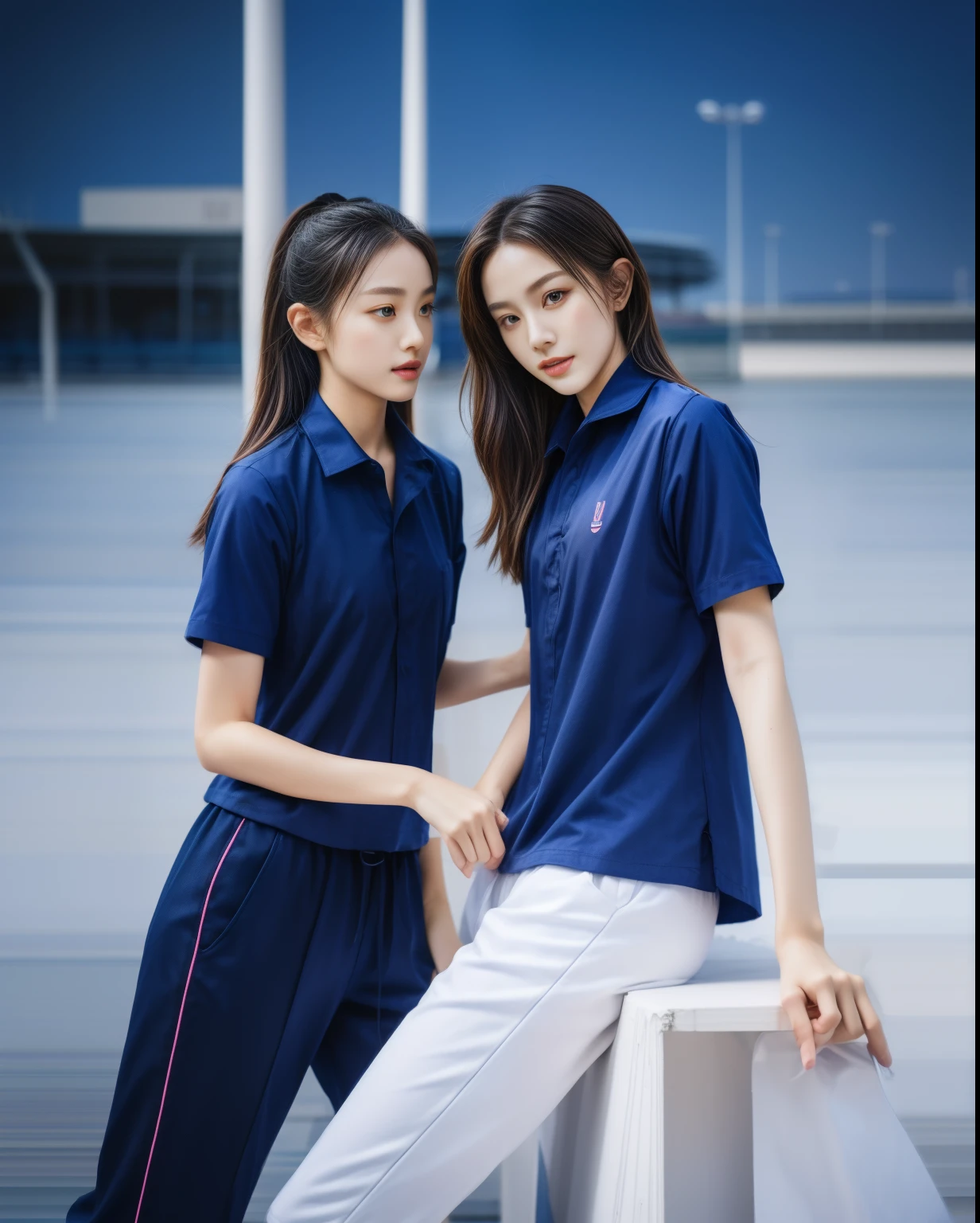 (bestquality,10,10,highres,masterpiece:1.2),ultra-detail,(Realistic,photorealistic portrait,photo-realistic:1.37),1 Cute girl in the football field,oily shiny skin,bara,light smile,BDclothes,((blue shirt:1.3)),short sleeves,shirt, trousers.,(navy_long_Pants Track:1.1), ((Stadium Background:1.3)),dynamic angle,excited,face focus,Dynamic Poses,from behide,Ass Focus,masterpiece, bestquality, ultra realistic, hyper-detail, 8k resolution, RAW photo, crisp focus, ((Navy blue shirt:1.1)), short sleeves, Long Path, Perfect body, 2 mature women, 18yo, cinematic light,Blue sweatpants,Gymware,Correct anatomy,Complete body, Correct body, sharp face, Anatomically correct body, full entire body, Realistic gestures, long-haired, Realistic poses,Wear long shorts.........................,Long leg span,Shapely,Sculpting Girl, Slender Figure, mannequin mannequins, Shapely, Beautiful body,Blue sweatpants, Two girls kissing