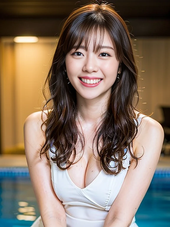 ((Best quality, 8k, Masterpiece :1.3)), pretty woman, 1girl, huge breasts :1.3, slender figure :1.1, firm abs, happy smile, dark brown hair, (pool, wet body, erotic clothes :1.1), ultra-detailed face, detailed lips, detailed eyes, double eyelid