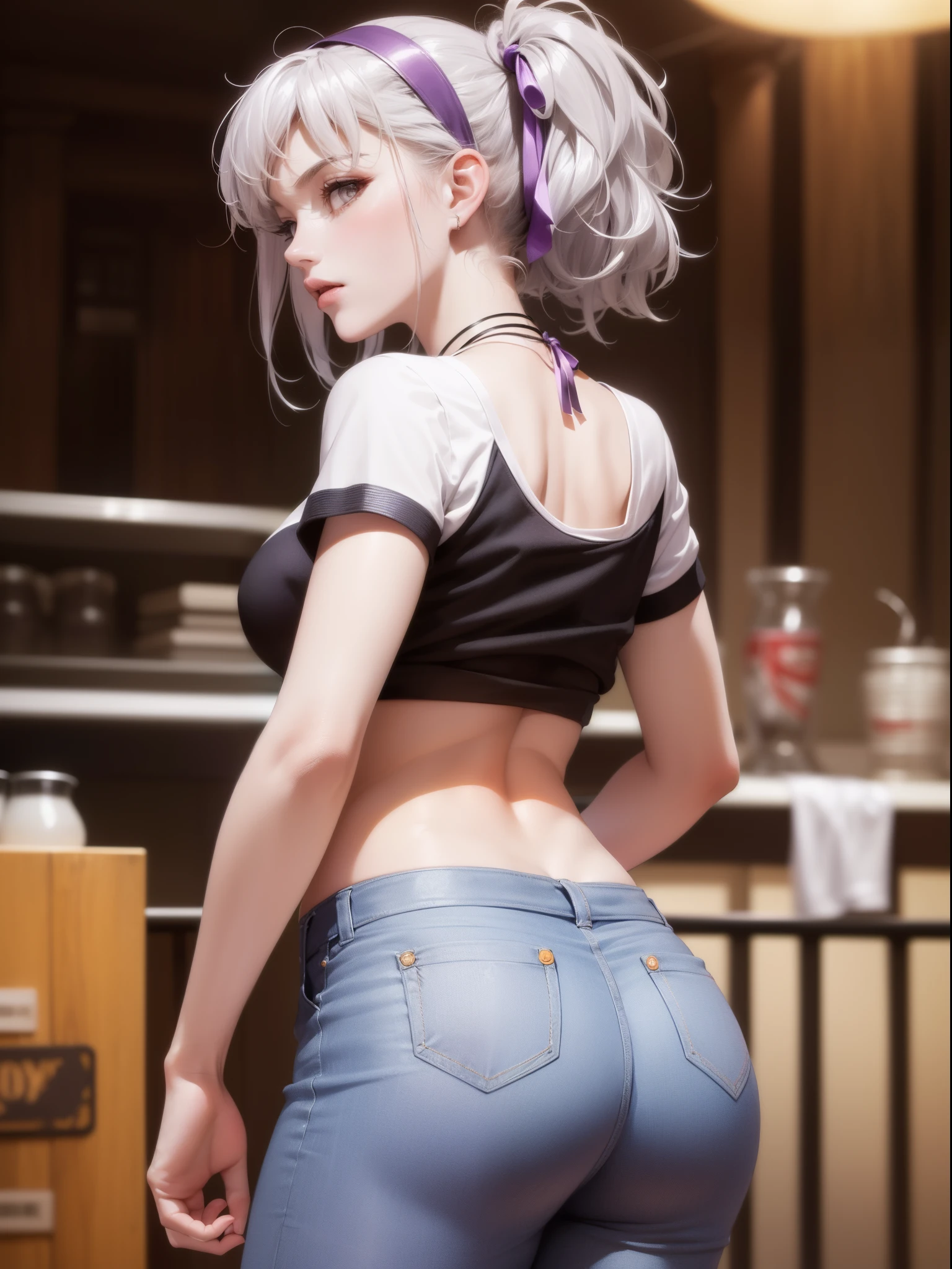 (((tmasterpiece, Best quality, A high resolution))),((1 girl, Alone, Solo girl, number 1, Solo chart)) Beautiful Noelle_Silva, Long gray hair, (shairband, purple hairband), (White hair, silber hair), dual horsetail, Pig's tail, through bangs, silber hair, a purple eye, ((denim short, shorter pants, black t-shirts, short- sleeved, Crop top)), ((Butt falls off, Butt falls off, ass shot, ass shot)), ass focus, Seductive thighs, ((posterior view)), (Eternal), Indoor rest, (sobu), blur backgroun, ((cow boy shooting)), dynamicposes, alluring face, (Perfect Finger, Perfect legs, perfect anatomia), 4K
