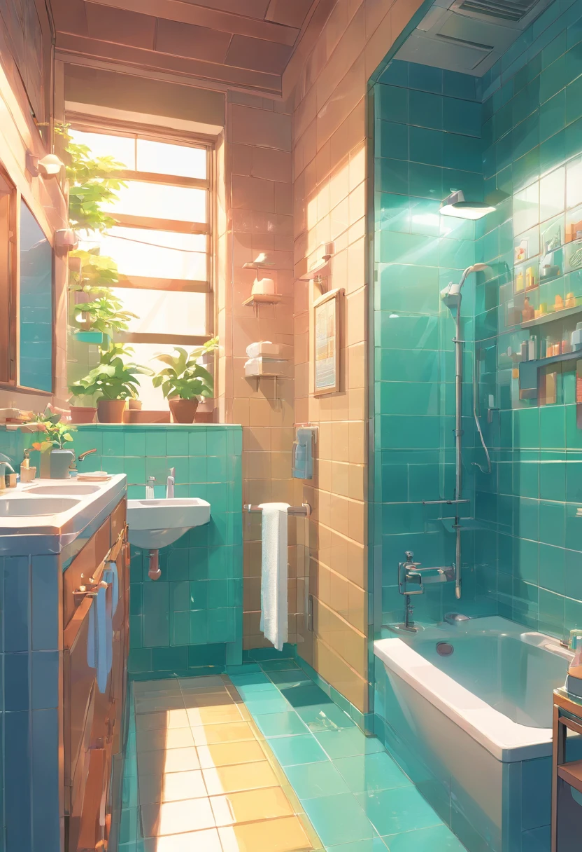 clean bathroom,tiles,brightly,succinct,Maximalism, Maximalism,A neat and orderly space,Bright and clean environment,warm and inviting atmosphere,contemporary design,NOhumans