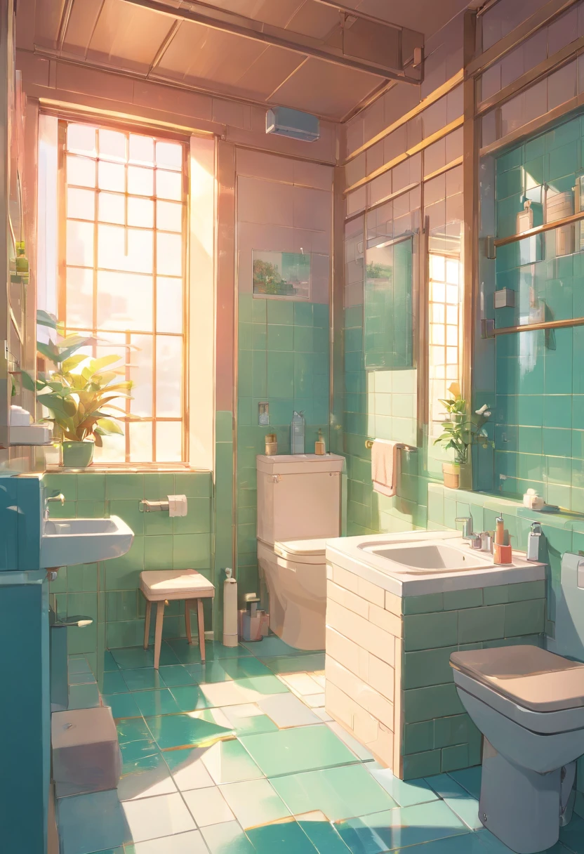 clean bathroom，tiles，brightly，succinct，Maximalism, Maximalism,A neat and orderly space,Bright and clean environment,warm and inviting atmosphere,contemporary design,NOhumans