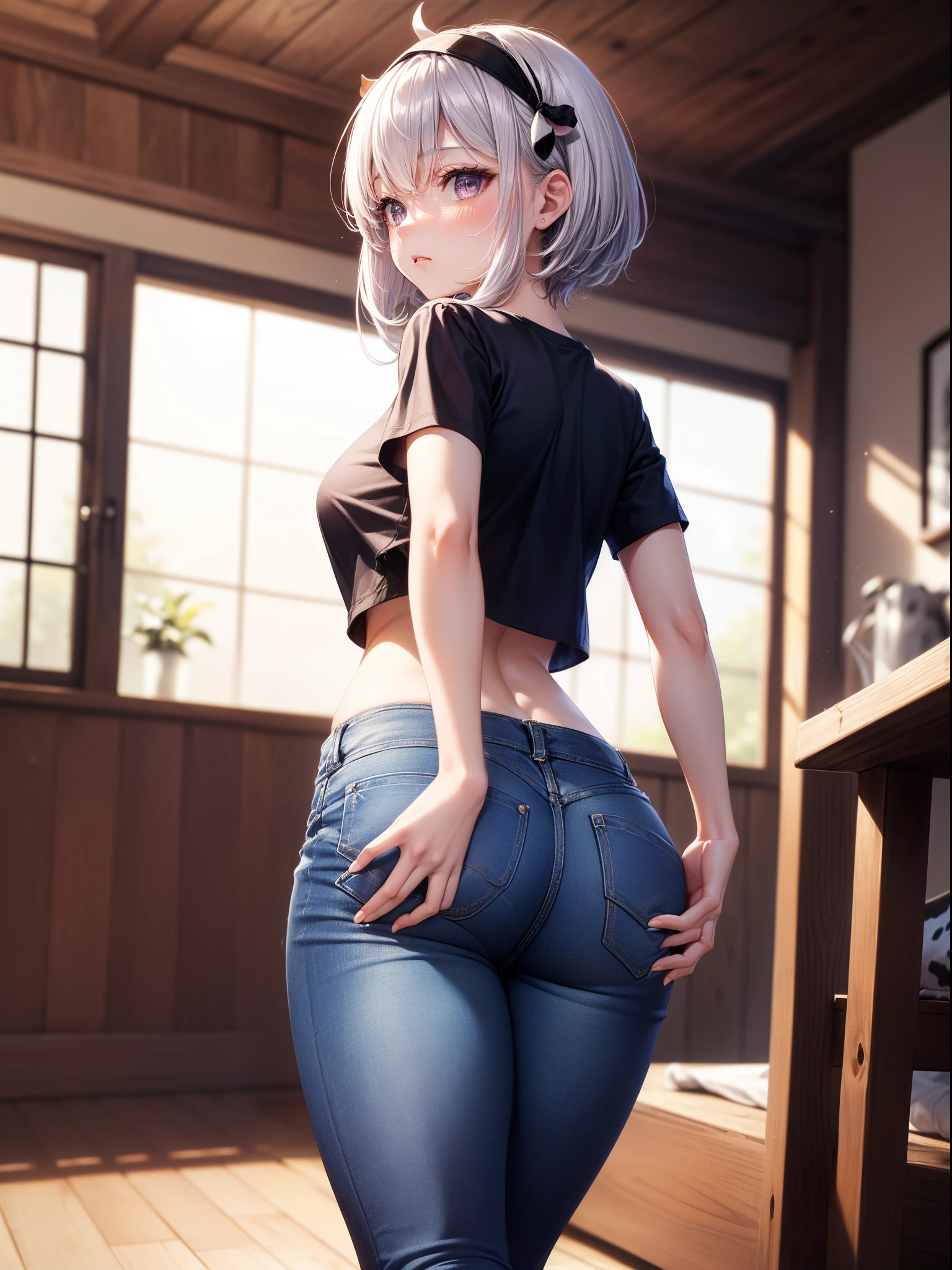 (((tmasterpiece, Best quality, A high resolution))),((1 girl, Alone, Solo girl, number 1, Solo chart)) Beautiful Noelle_Silva, Long gray hair, (shairband, purple hairband), (White hair, silber hair), dual horsetail, Pig's tail, through bangs, silber hair, a purple eye, ((denim short, shorter pants, black t-shirts, short- sleeved, Crop top)), ((Butt falls off, Butt falls off, ass shot, ass shot)), ass focus, Seductive thighs, ((posterior view)), (Eternal), Indoor rest, (sobu), blur backgroun, ((cow boy shooting)), dynamicposes, alluring face, (Perfect Finger, Perfect legs, perfect anatomia), 4K
