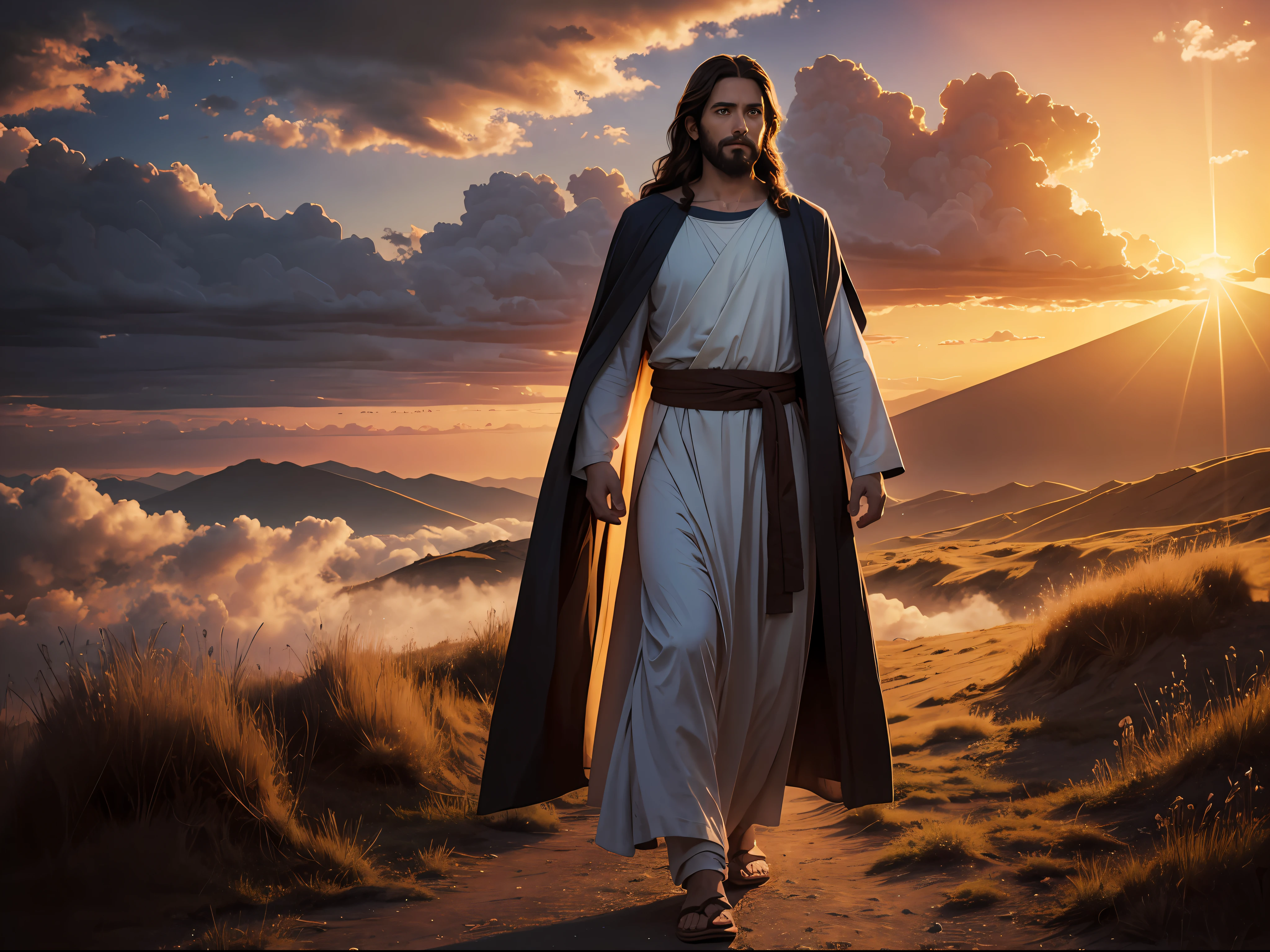 A portrait of Jesus, full body, sky, clouds, sunset, sacred aura, cinematic, realistic light